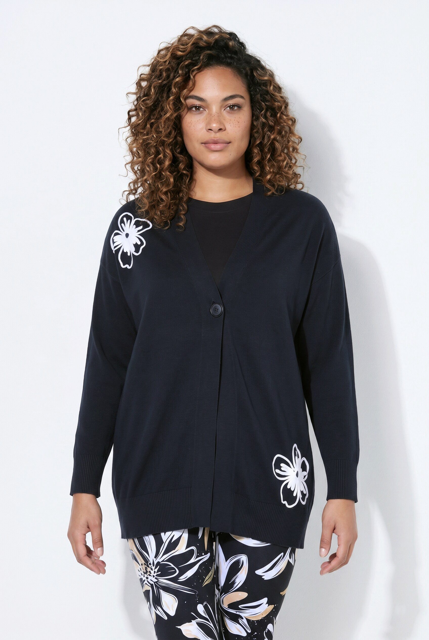 MIAMODA Strickjacke Strickjacke Loose Fit Blüten-Stickereien