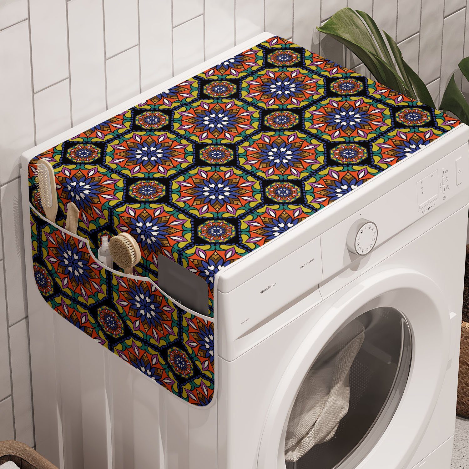 Abakuhaus Badorganizer Anti-Rutsch-Stoffabdeckung für Waschmaschine und Trockner, Orange Mandala Buntglas-Motiv