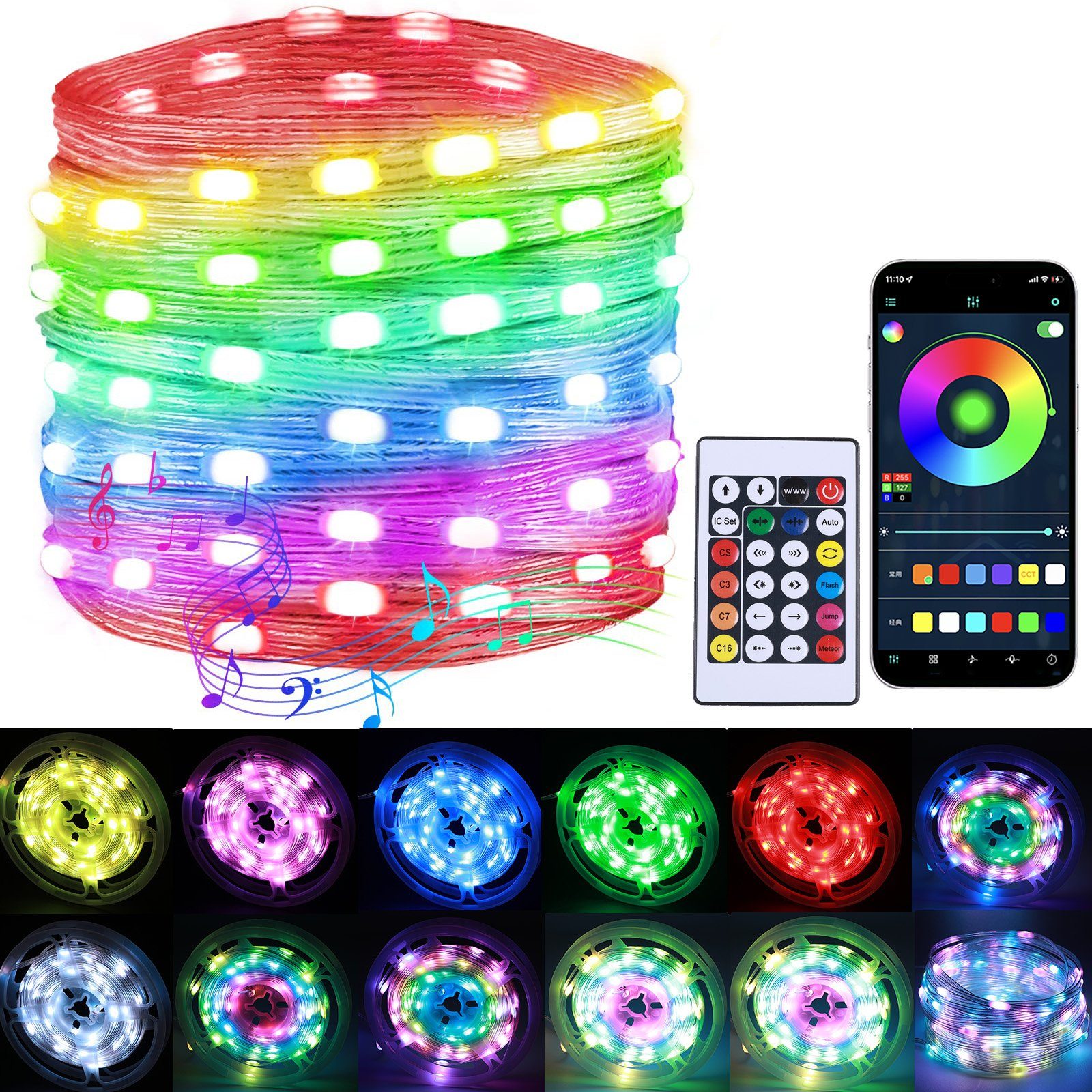 Rosnek LED Stripe Smart, 10M 100 LED, RGB, Musik Sync, für Weihnachtsbaum Party, USB, App/Fernbedienung; Schlafzimmer Deko