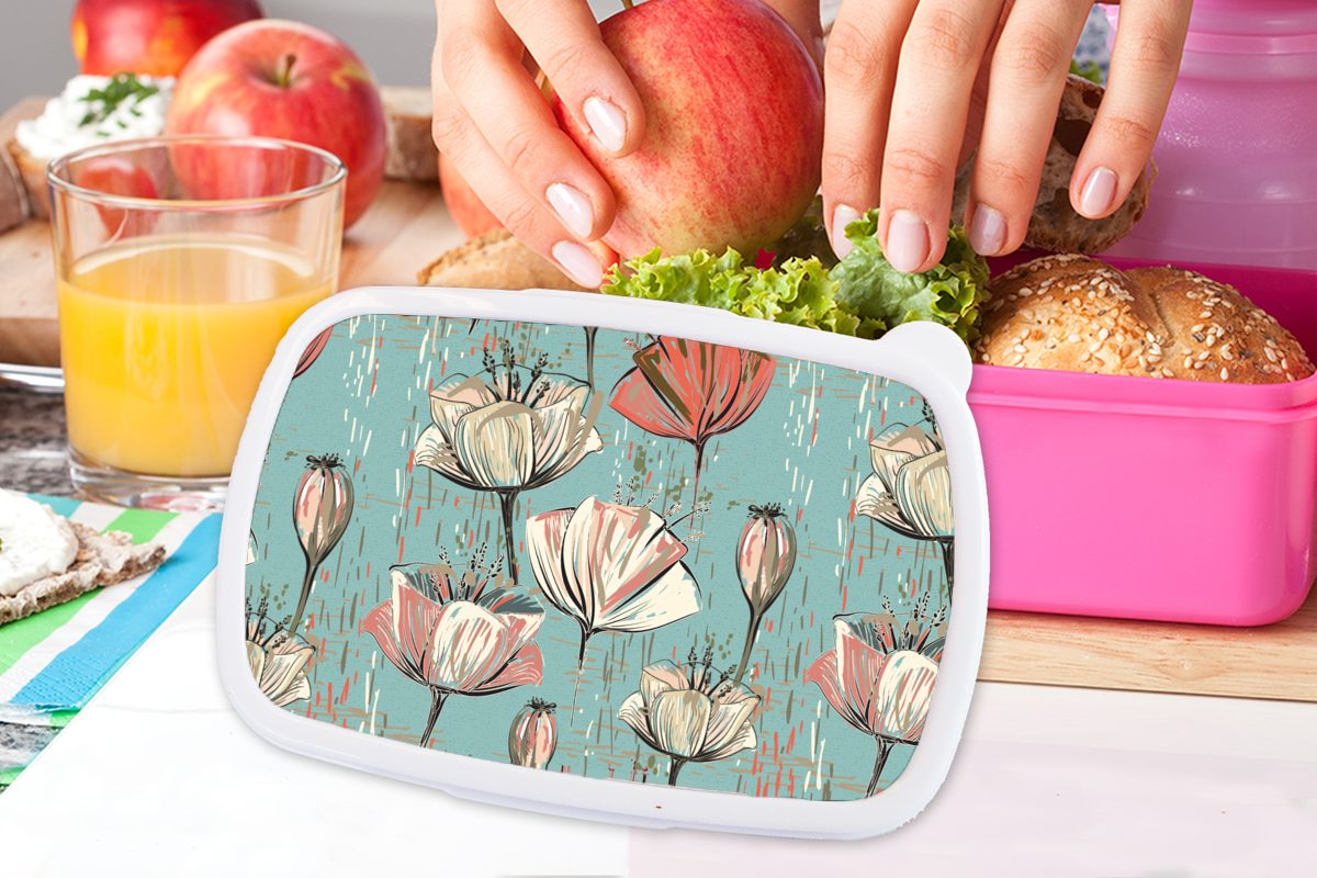 Mädchen, Erwachsene, Blume, Brotdose für rosa - Jahrgang Lunchbox Snackbox, Kinder, MuchoWow Kunststoff, Kunststoff (2-tlg), Brotbox