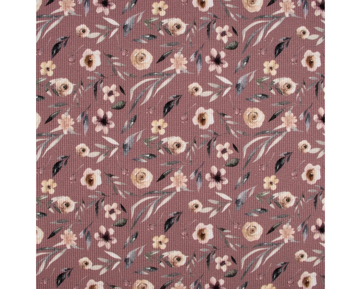 Thumbnail - SCHÖNER LEBEN. Stoff Waffeljersey Waffelstrick Digitaldr. Aquarell Blumen mauve beige grau, allergikergeeignet