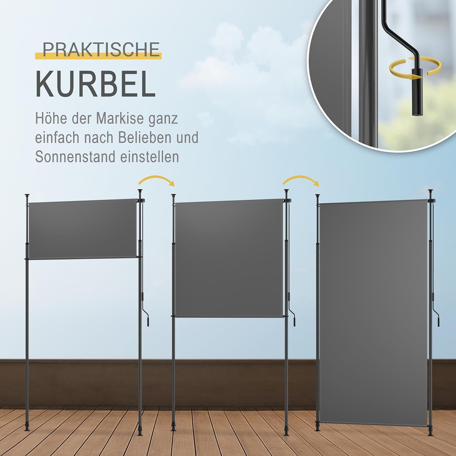 Sol Royal Markise Klemmmarkise Senkrechtmarkise außen KM5, 150x310cm, Anthrazit Markise ohne Bohren Windschutz Garten Handkurbel Wasserdicht