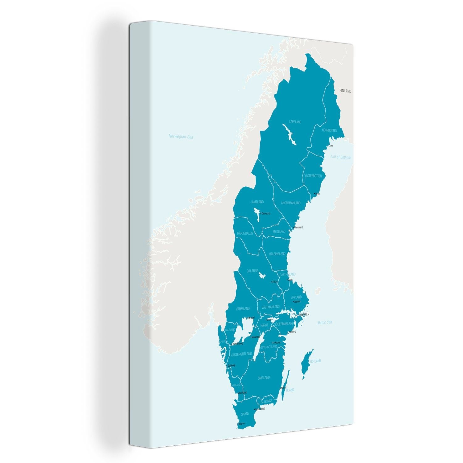 OneMillionCanvasses® Leinwandbild Illustration einer detaillierten Karte von Schweden in Blau, (1 St), Leinwandbild fertig bespannt inkl. Zackenaufhänger, Gemälde, 20x30 cm