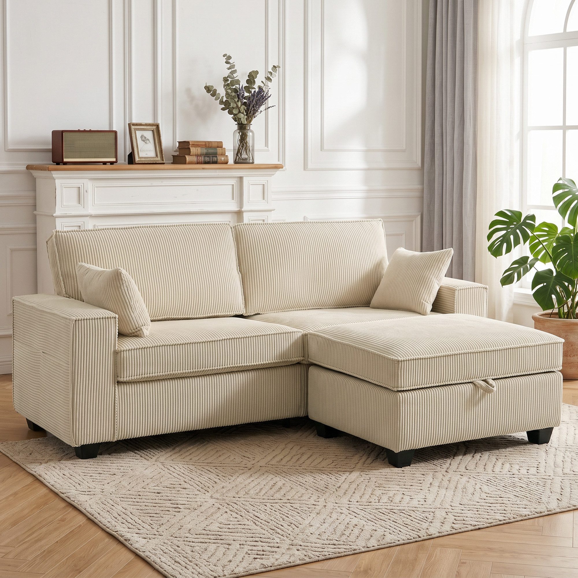 HOMCOM Ecksofa 3-Sitzer Couch mit Kissen, Set 1 Teile, Umkehrbarer Hocker mit Stauraum, Cord