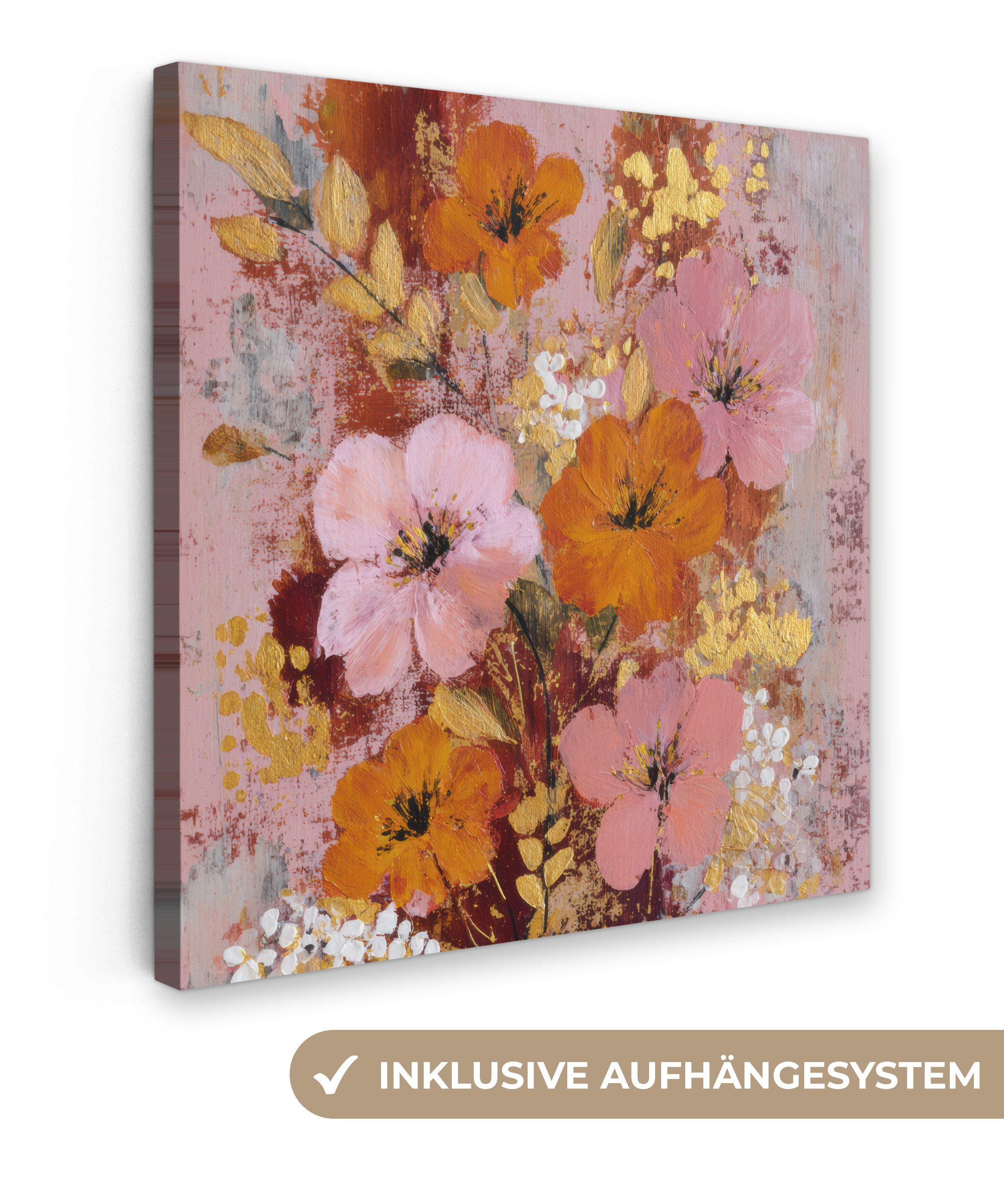 OneMillionCanvasses® Leinwandbild Malerei - Blumen - Rustikal - Rosa, Fotodruck (1 St), Wandbild, Deko Schlafzimmer Wohnzimmer Flur 20x20 cm
