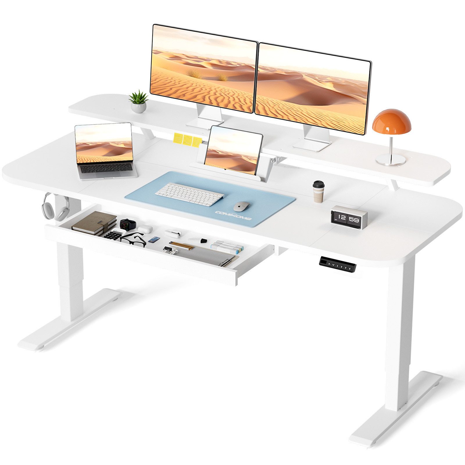 COMHOMA Schreibtisch Höhenverstellbarer Schreibtisch Elektrischer, 120x60cm elektrischer, mit Schubladen, Monitorständer, Tablet-Ständer und Mauspad