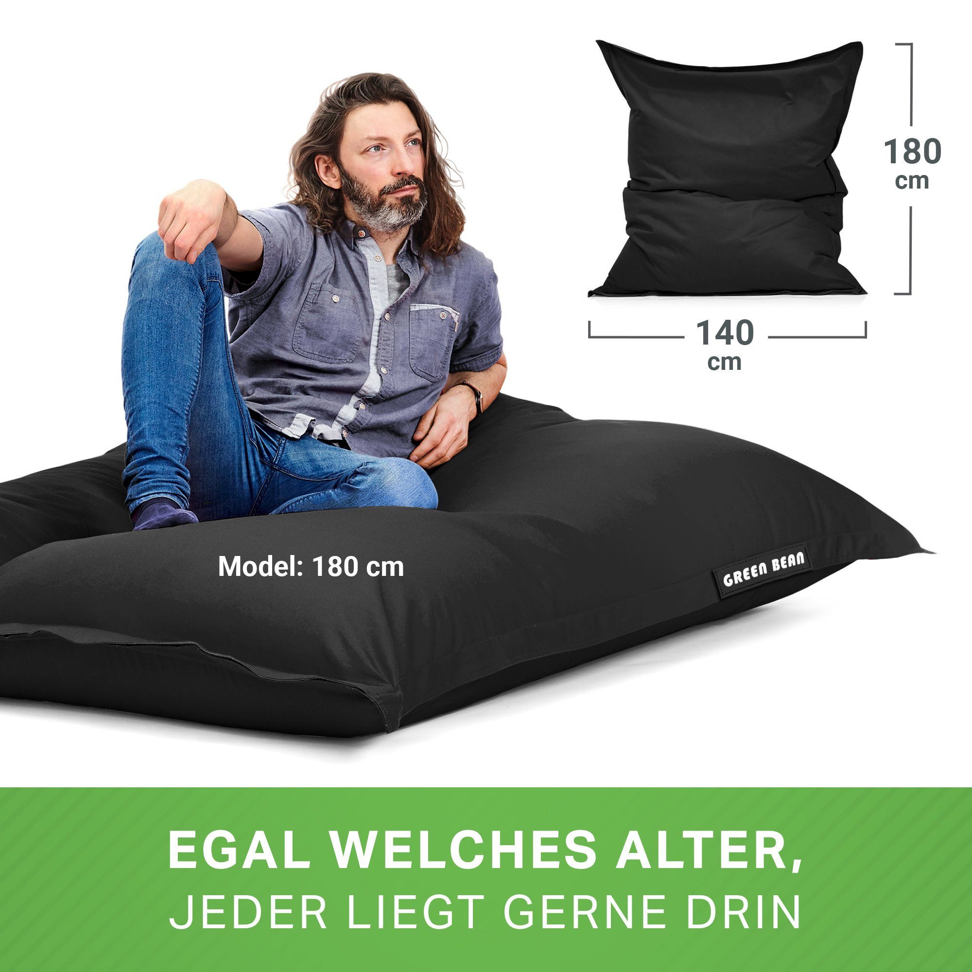 Sitzkissen Sitzsack Waschbar Bean Green Wetterfest Bean & XL Chair Liegekissen), 270 Liter Kinder Erwachsene, Bag Lounge (Riesensitzsack Bodenkissen Square 120x160cm EPS Füllung Perlen Sitzkissen Schwarz