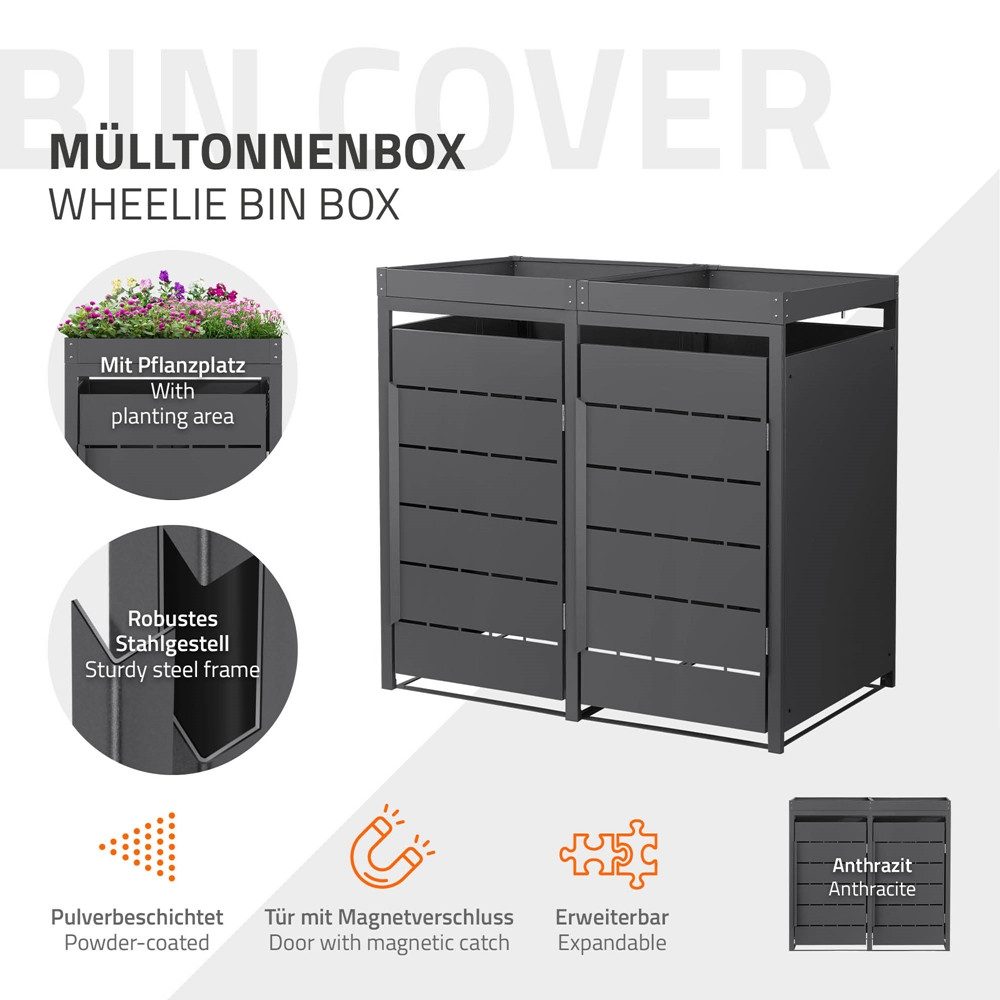 ML-DESIGN Mülltonnenbox Müllbox aus Stahl wetterfeste Mülltonnen Verkleidung Mülltonnengarage, Mülltonnencontainer mit Pflanzdach für 2 Tonnen 120 oder 240 Liter