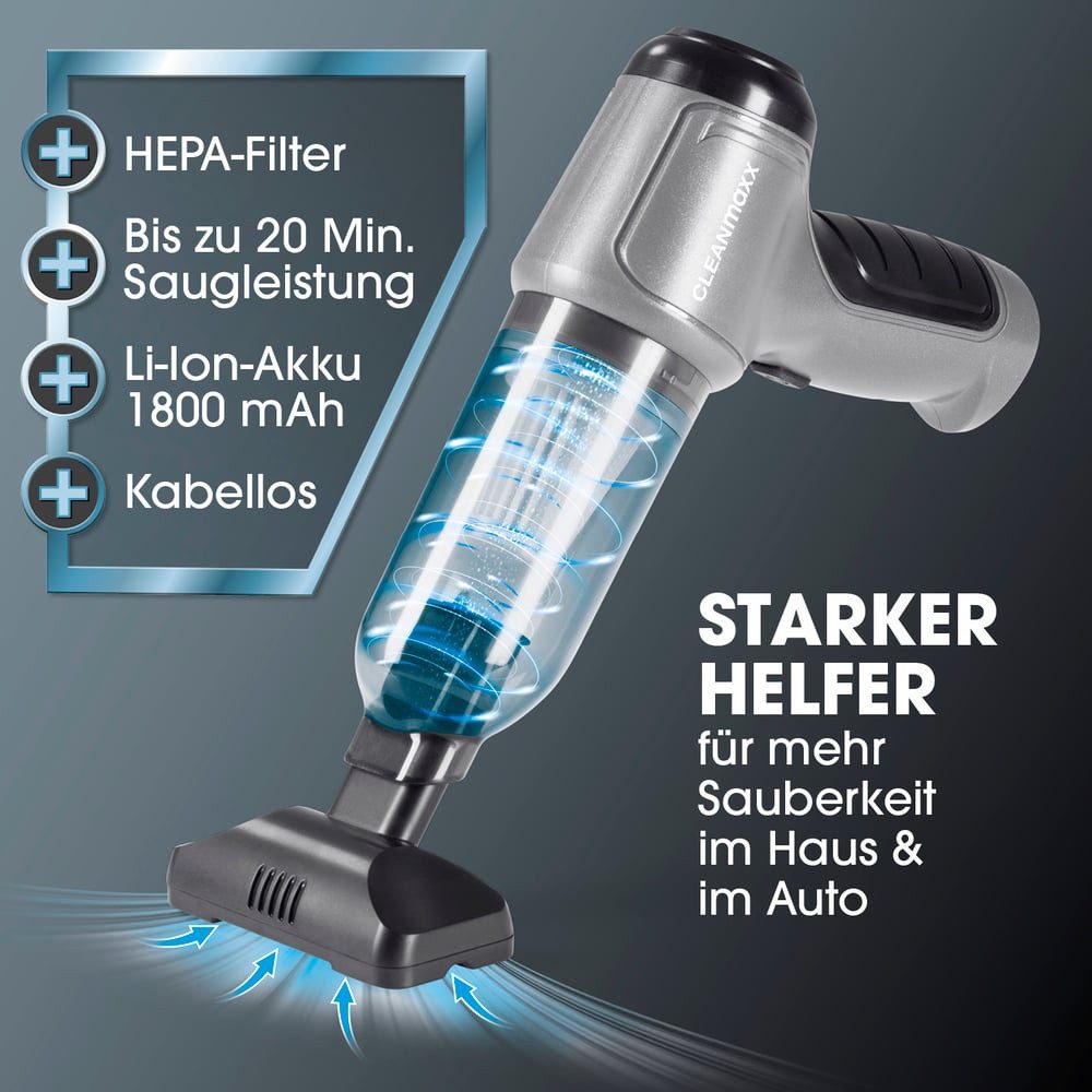 CLEANmaxx Akku-Handstaubsauger Saug-, Gebläse- & Vakuumierfunktion, 50 W, beutellos, 3-in-1 Funktion Handstaubsauger Kabellos Mini Staubsauger 7 Aufsätze