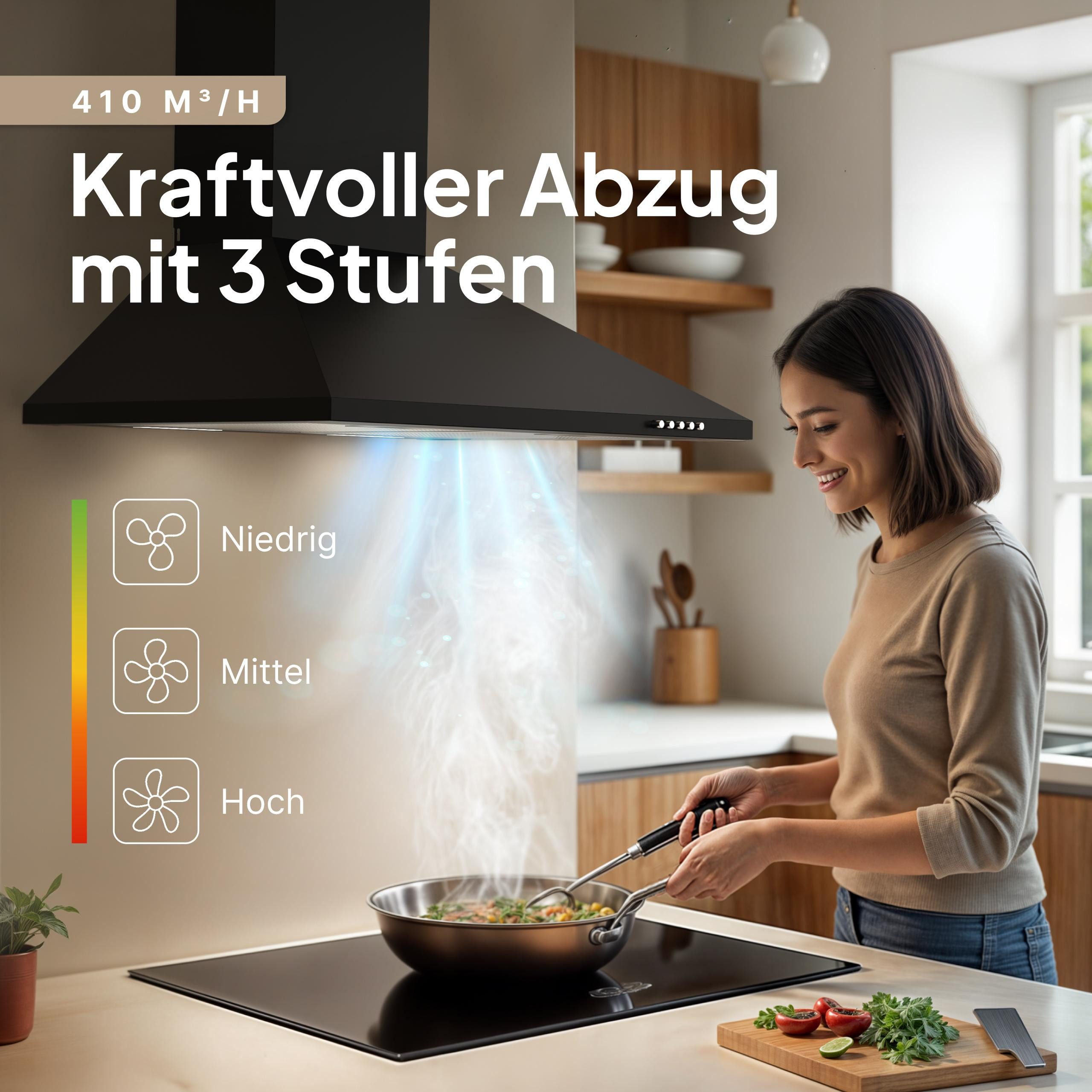 Levivo Wandhaube A+++ Dunstabzugshaube 60cm und 90cm Umluft & Abluft mit 410 m³/h A+++ Dunstabzugshaube 60cm und 90cm Umluft & Abluft mit 410 m³/h, Aktivkohlefiltern, Fettfiltern, LED-Beleuchtung