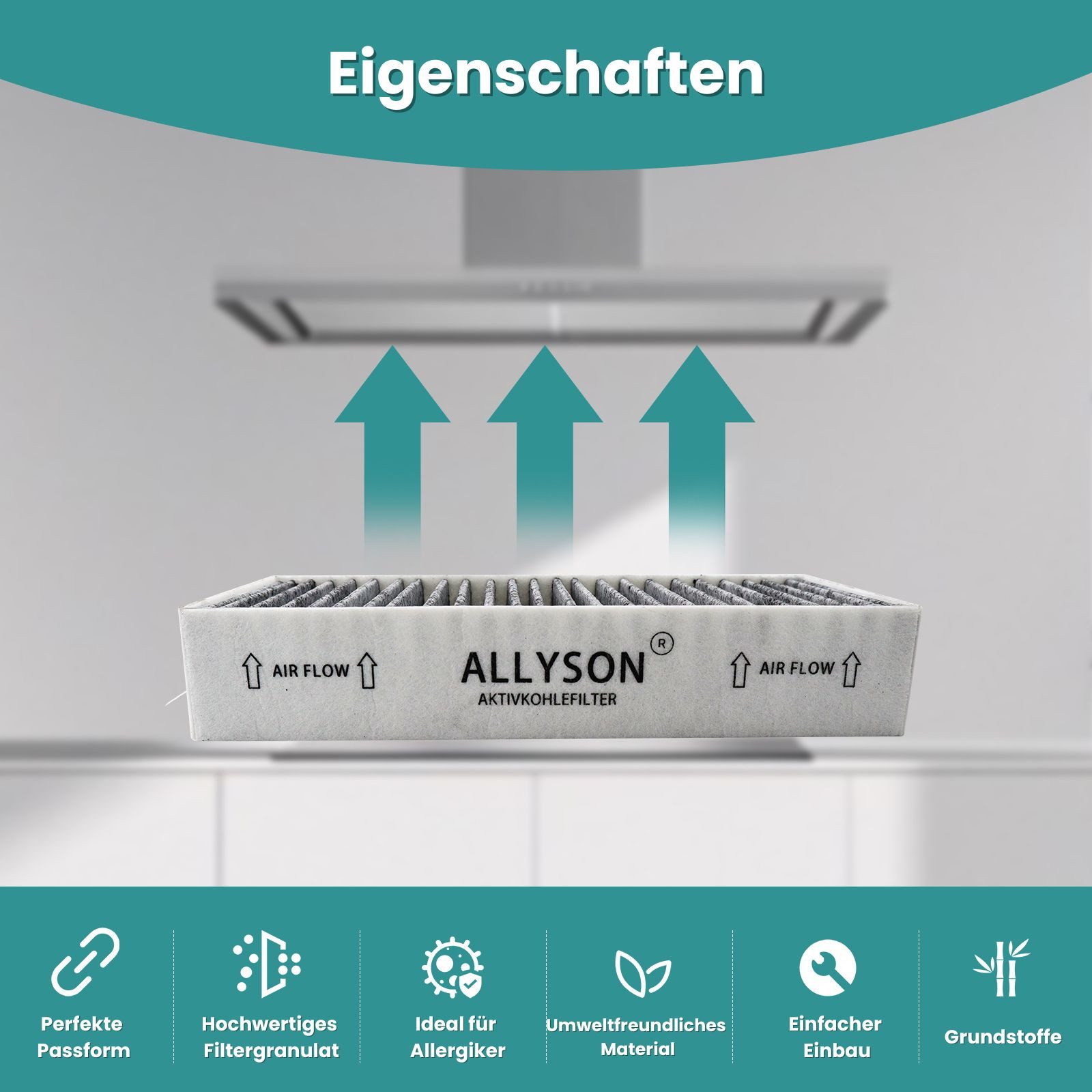 Allyson Aktivkohlefilter Passgenau für 9001421821 9001563858 (192 x 75 x 35 mm), Zubehör für Bosch HEZ9VRUD0 / Siemens HZ9VRCR0 / Neff Z821VR0 / Gaggenau CA282111 / Constructa CA282111 / Ersatz für 17004796, Stoppt Gerüche, H12 Filtereffizienz, 4er Set, werkzeugloser Tausch