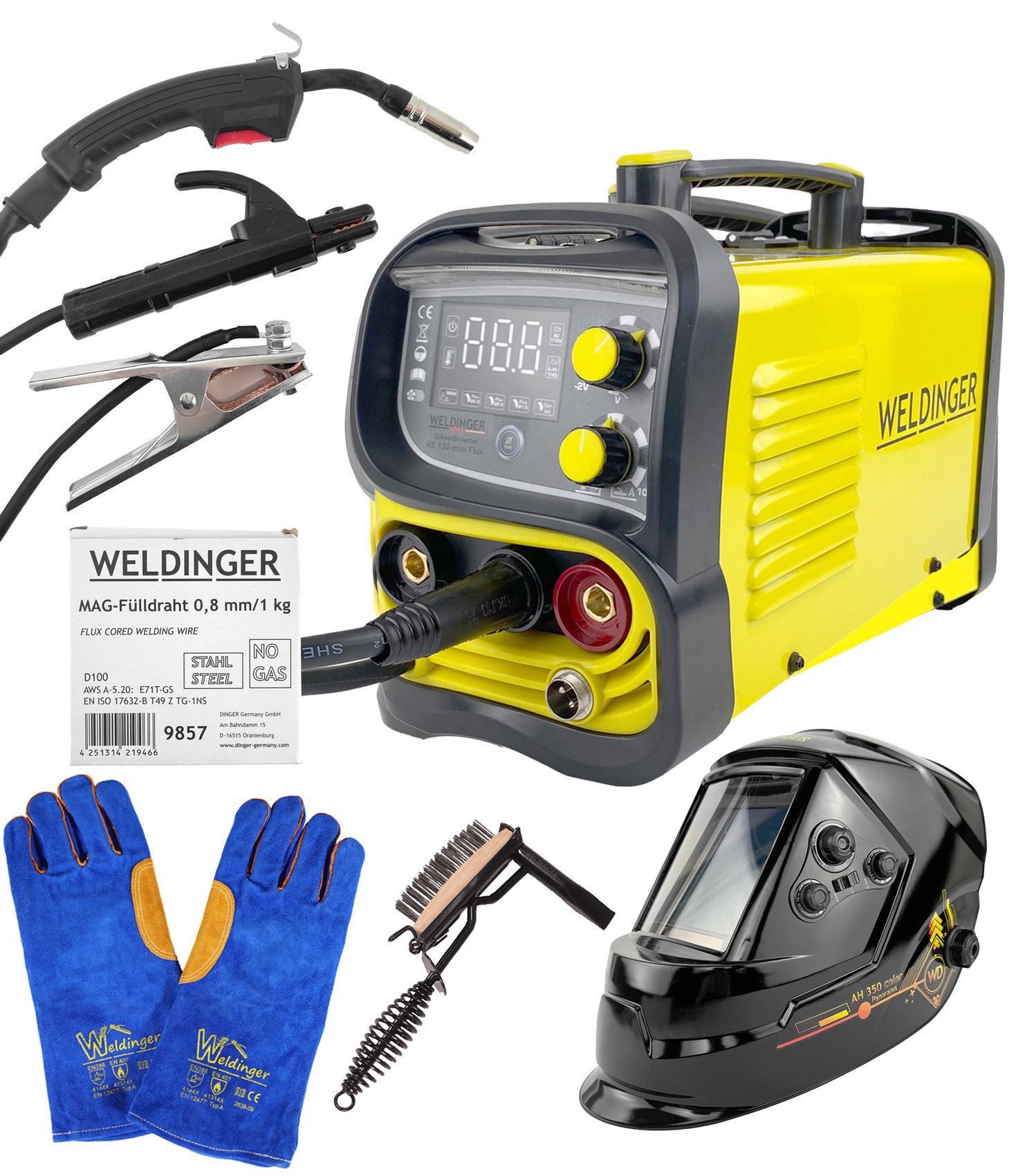 WELDINGER Fülldrahtschweißgerät Fülldrahtschweißgerät ME 130 mini FLUX Set mit Schweißhelm Zubehör, 20 - 130 A, Aktionsset, Arbeitslicht, Umpolkabel