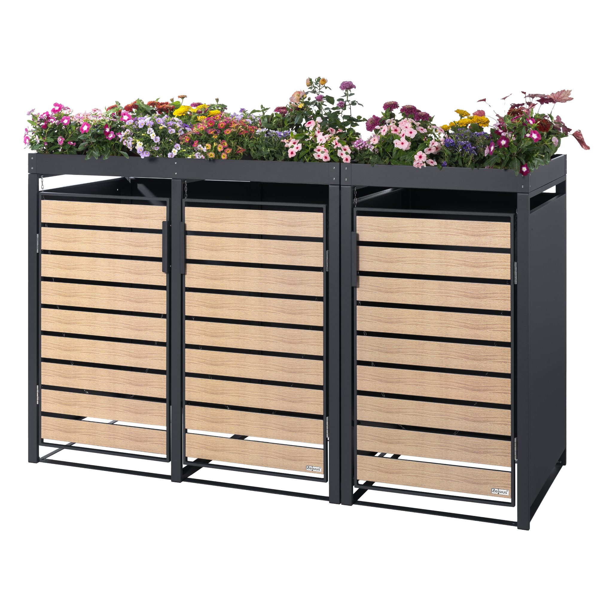 Zelsius Mülltonnenbox 3er mit Pflanzdach für 3 Tonnen, 120 - 240 Liter, Tür in Holzoptik