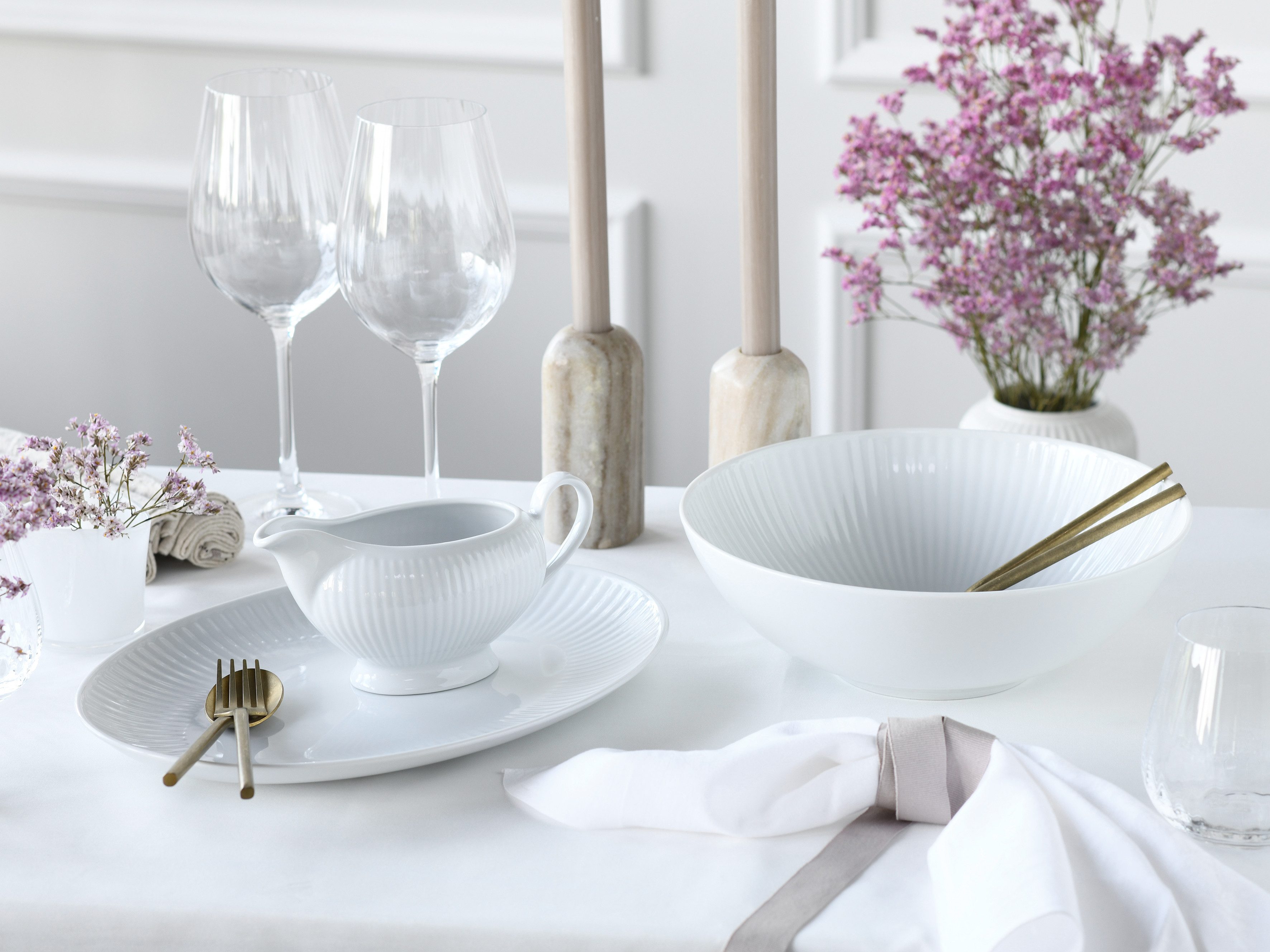 CreaTable Servier-Set Valencia Weiss Servierset 3-tlg, Porzellan, (Set, 3-tlg., 1 Platte oval, 1 Salatschüssel, 1 Sauciere), Premiumproduktion Made in Europe