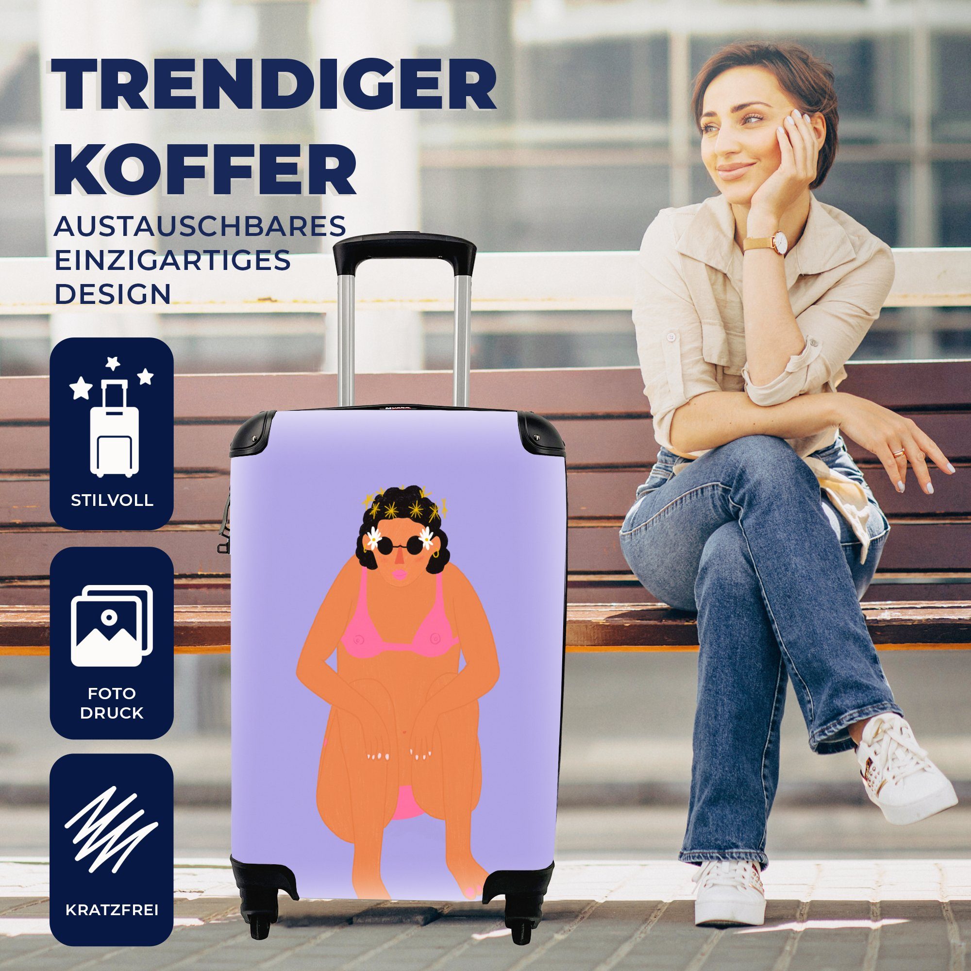 MuchoWow Handgepäckkoffer Frau - Bikini Ferien, 4 mit Retro, Reisekoffer Reisetasche Trolley, rollen, Rollen, - Handgepäck für