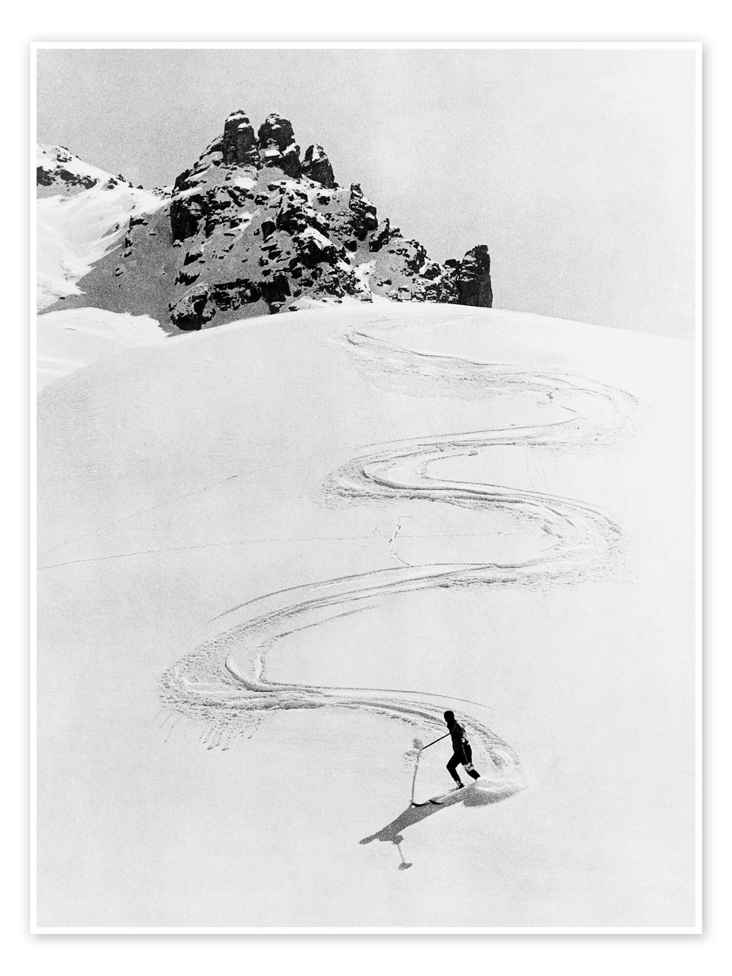 Posterlounge Wandbild Kurvenreiche Ski-Fahrt einen hohen Berg hinunter, Schweiz, 1935, Vintage Ski Collection, erhältlich als Poster, Leinwandbild, Wandsticker oder Acrylglasbild