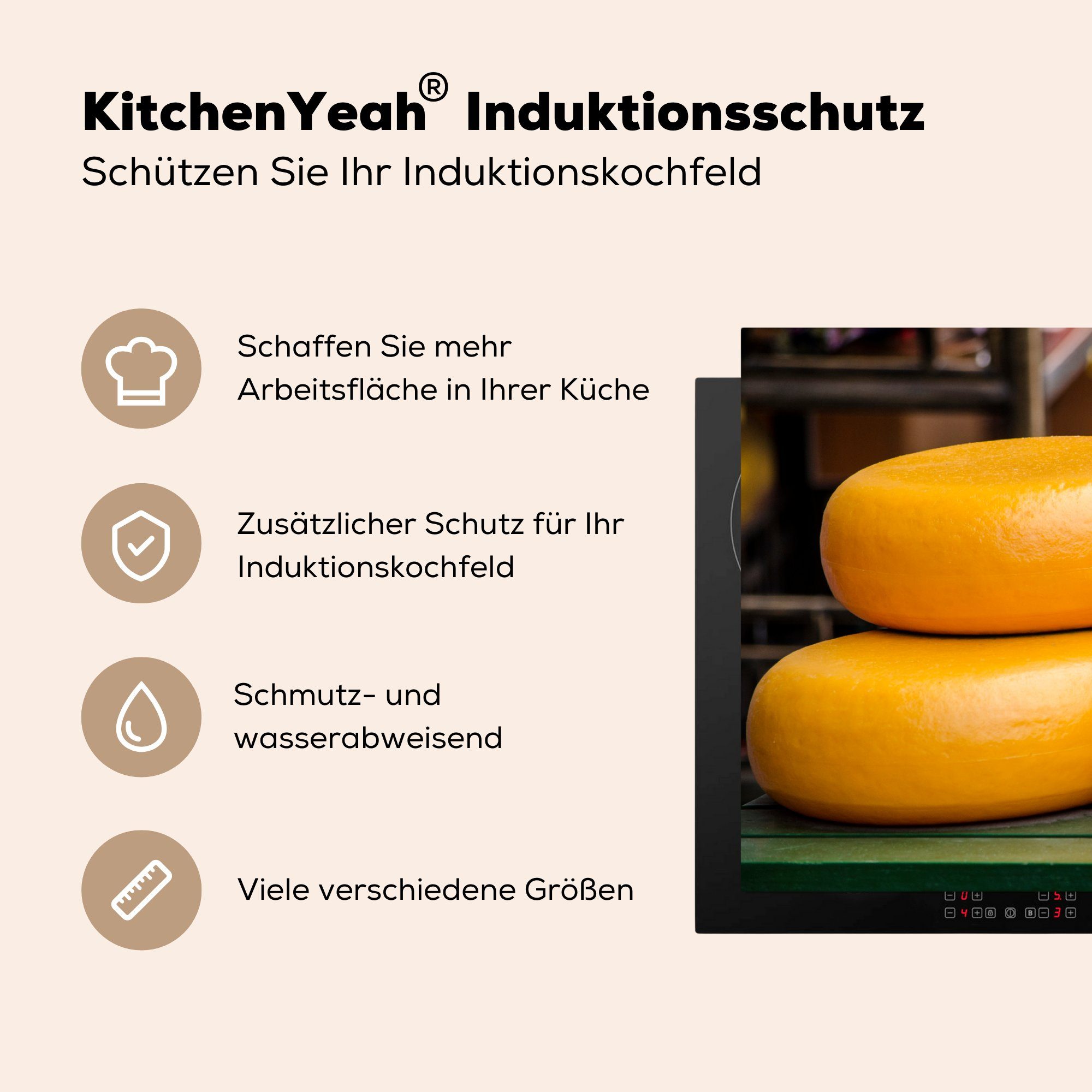 Gouda Tisch, (1 küche MuchoWow Vinyl, Herdblende-/Abdeckplatte - 83x51 - cm, Arbeitsplatte Ceranfeldabdeckung, tlg), Käse für