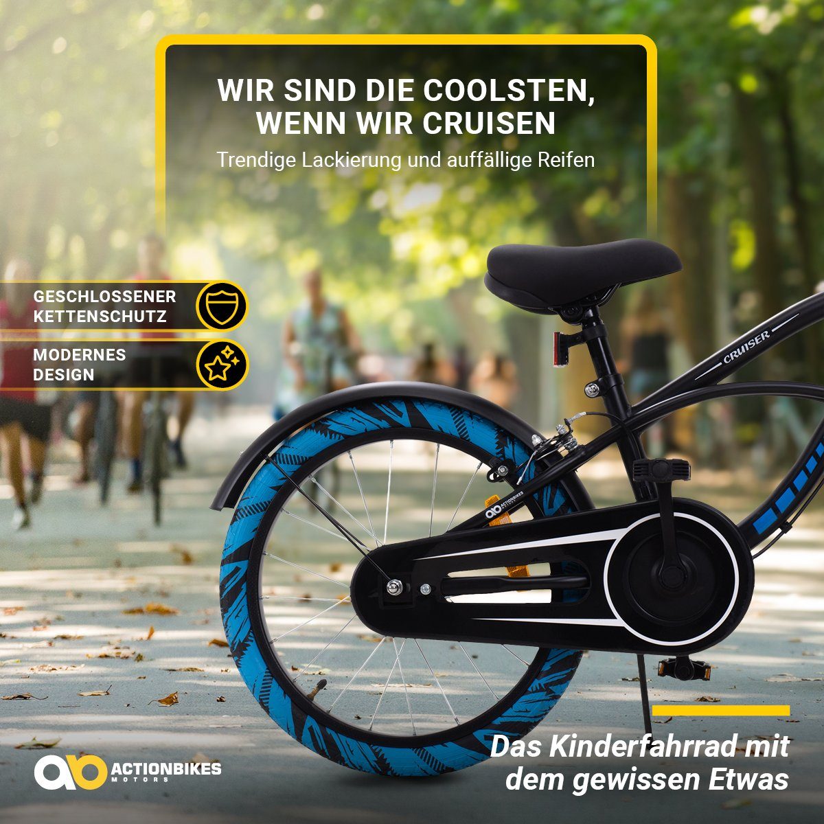 Actionbikes Motors Kids' Bike Cruiser 18 inch - from 5 years, 1 speed, no gears, (trapezoidal frame, V-brakes, max. load 35 kg, black/blue, 1-piece, bell, chain guard, reflectors, cat's eyes, kickstand), height-adjustable bike for boys and girls, children's bike from 110 cm