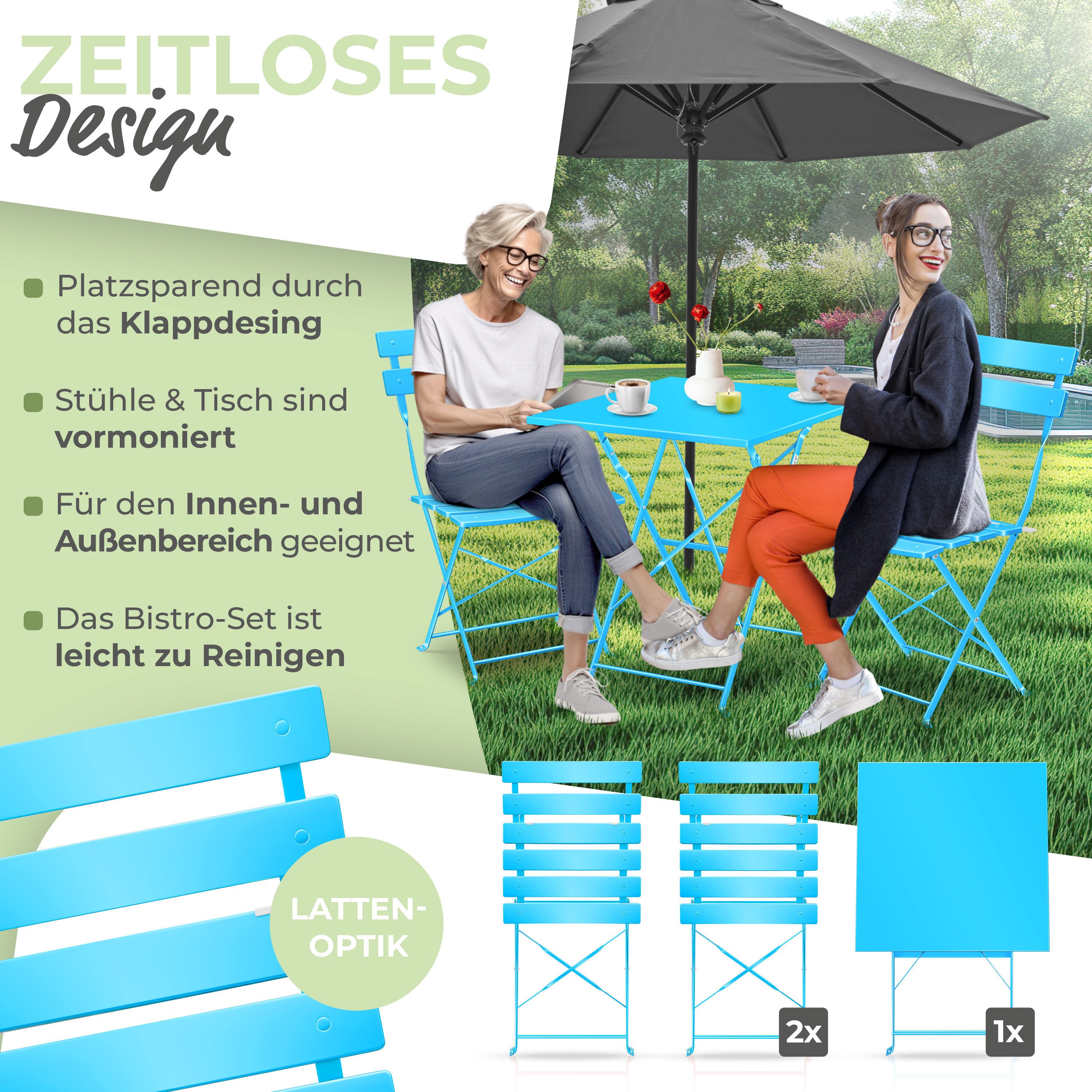 KESSER Bistrotisch 3-teiliges Bistroset Outdoor Sitzgruppe (1x Balkontisch mit 2 Stühlen & Schutzabdeckung), Balkonmöbel UV- & Wetterbeständig Gartenmöbel