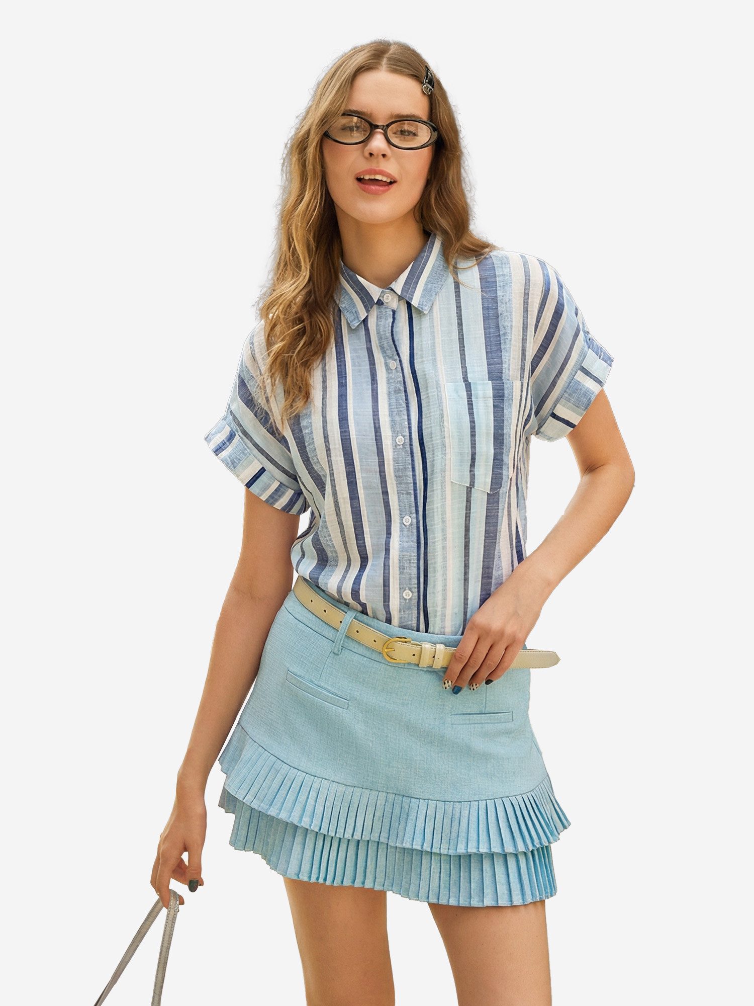 Imily Bela Hemdbluse Damen gestreifte Bluse mit Knopfleiste (Packung, 1-tlg., 1per-Pack) Brusttasche