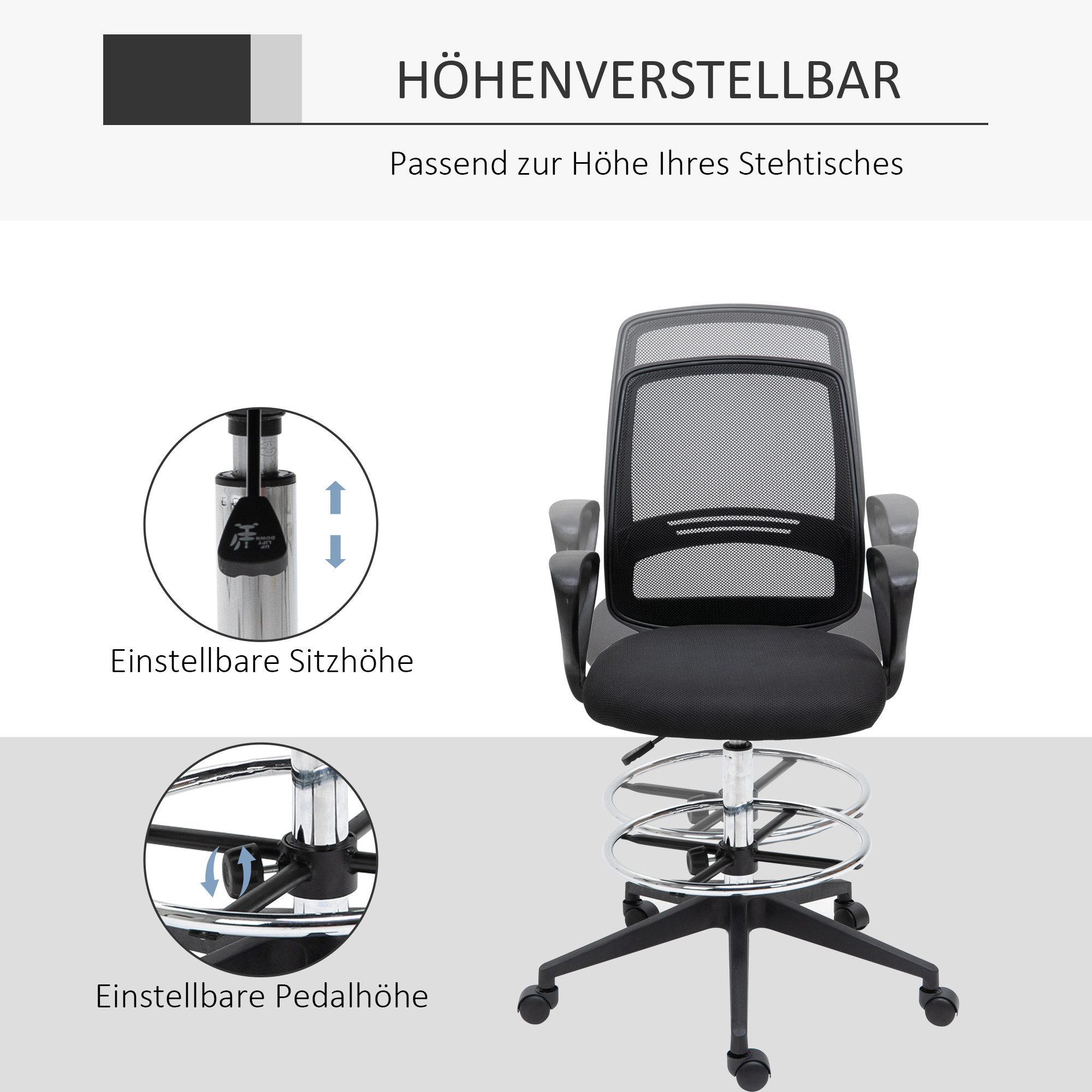 Vinsetto Bürostuhl Drehstuhl mit Armlehnen, Netzbespannung, verstellbarem Fußring (ergonomischer Schreibtischstuhl, 1 St), für Arbeitszimmer, Büro, Schwarz – Bild 5 von 5