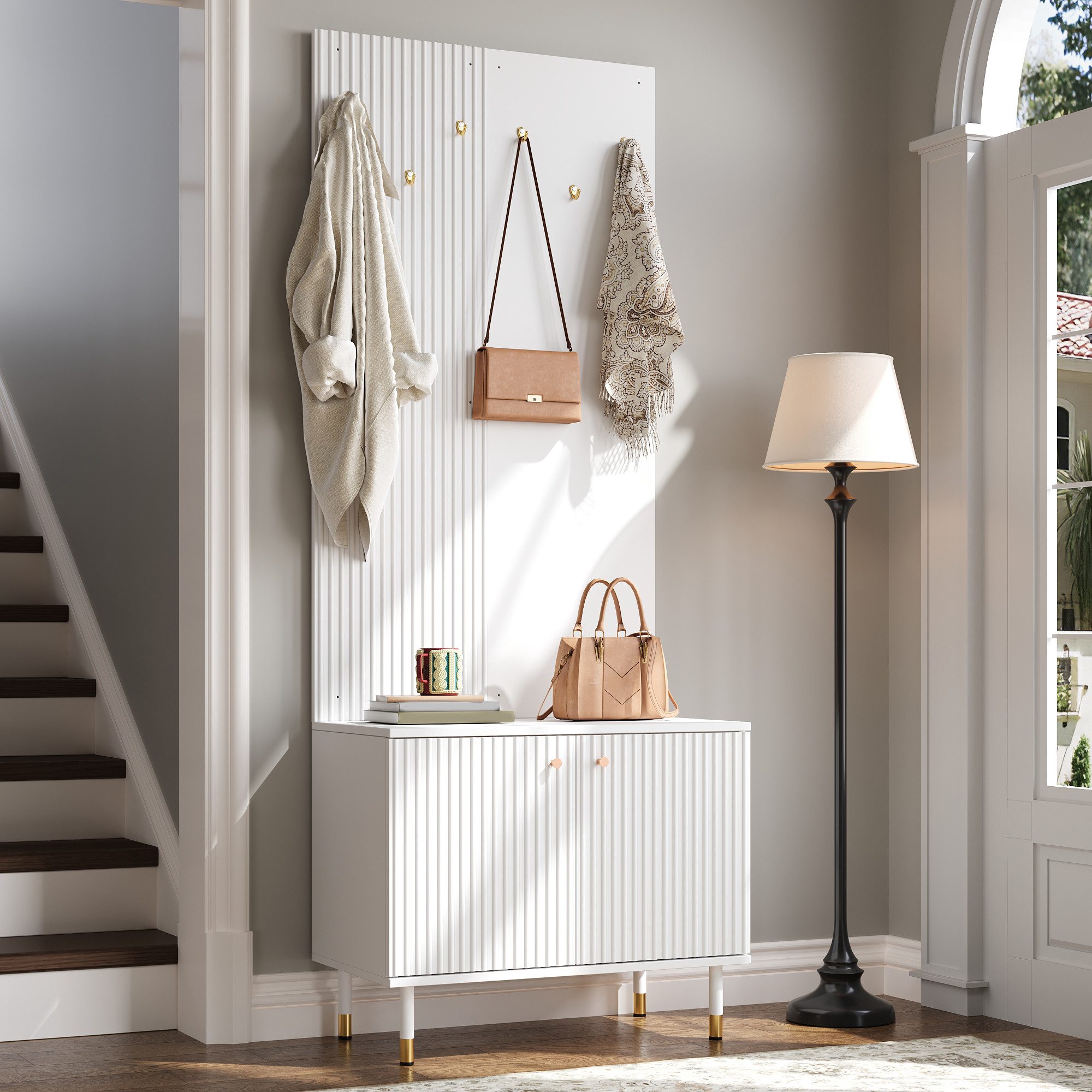 Merax Garderobenschrank mit Schuhschrank und Hakenleiste, Garderobenwand Diele Kombischrank (70Lx35Bx180H cm, 1-St) mit verstellbarem Schuhfach, Stauraum & goldfarbenen Metallfüßen