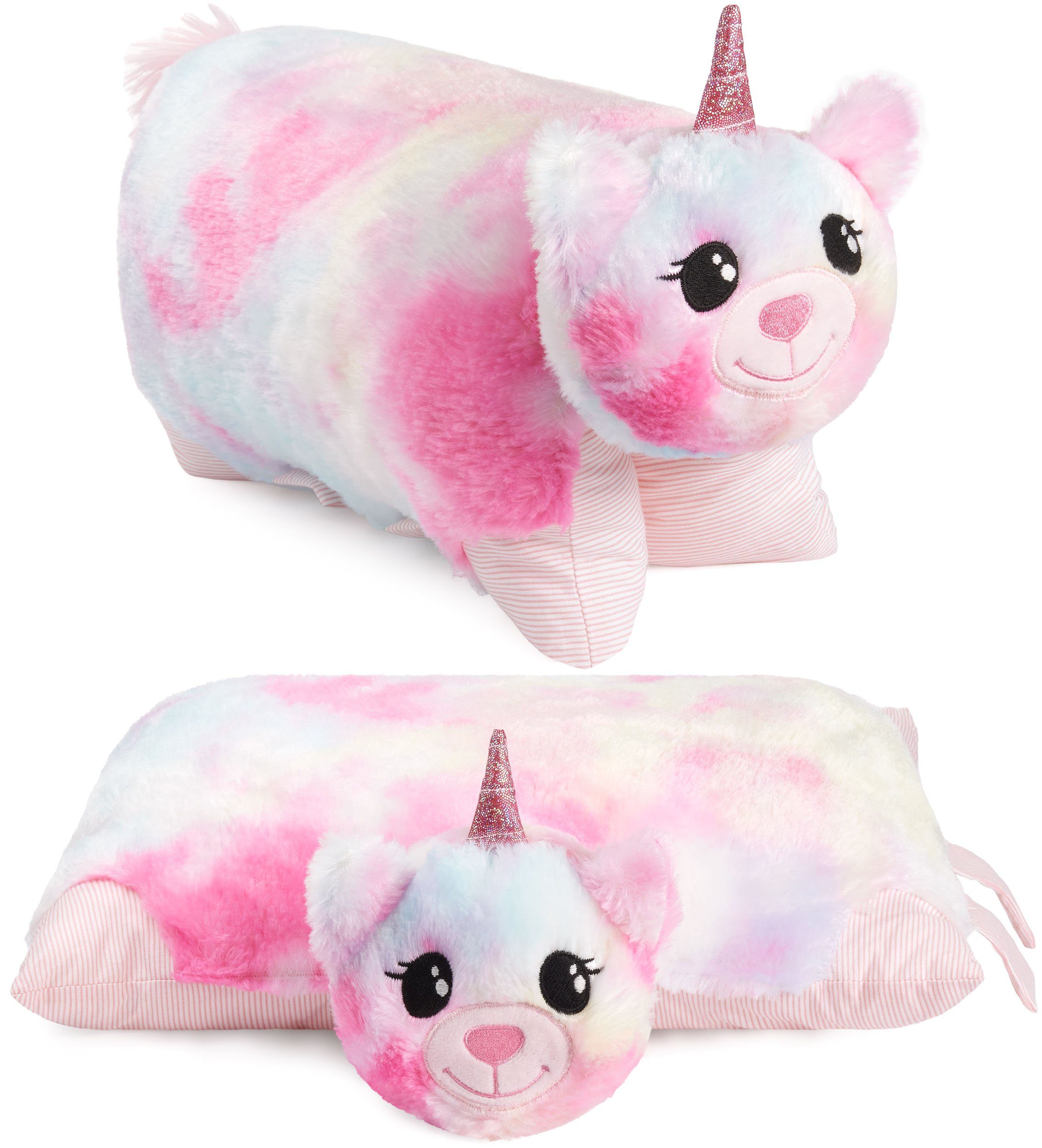 BRUBAKER Kuscheltier Kuscheltierkissen Einhorn - 2 in 1 Plüschtier und Kuschelkissen (Einhornkissen Stofftier, 1-St., 40 x 30 cm), aufklappbares Kinder Plüschkissen mit Klettverschluss