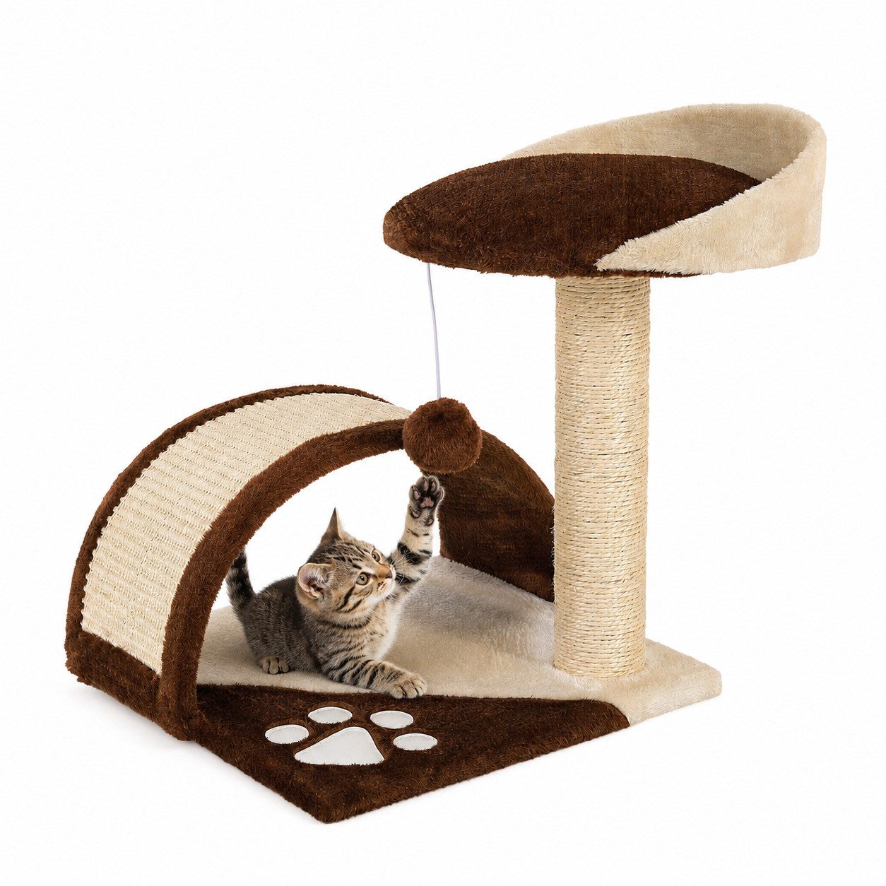 lionto Kratzbaum kompakt, mit Spielball, Kratzbogen & Aussichtsplattform, braun/beige, platzsparender Katzenkratzbaum, Höhe 43 cm