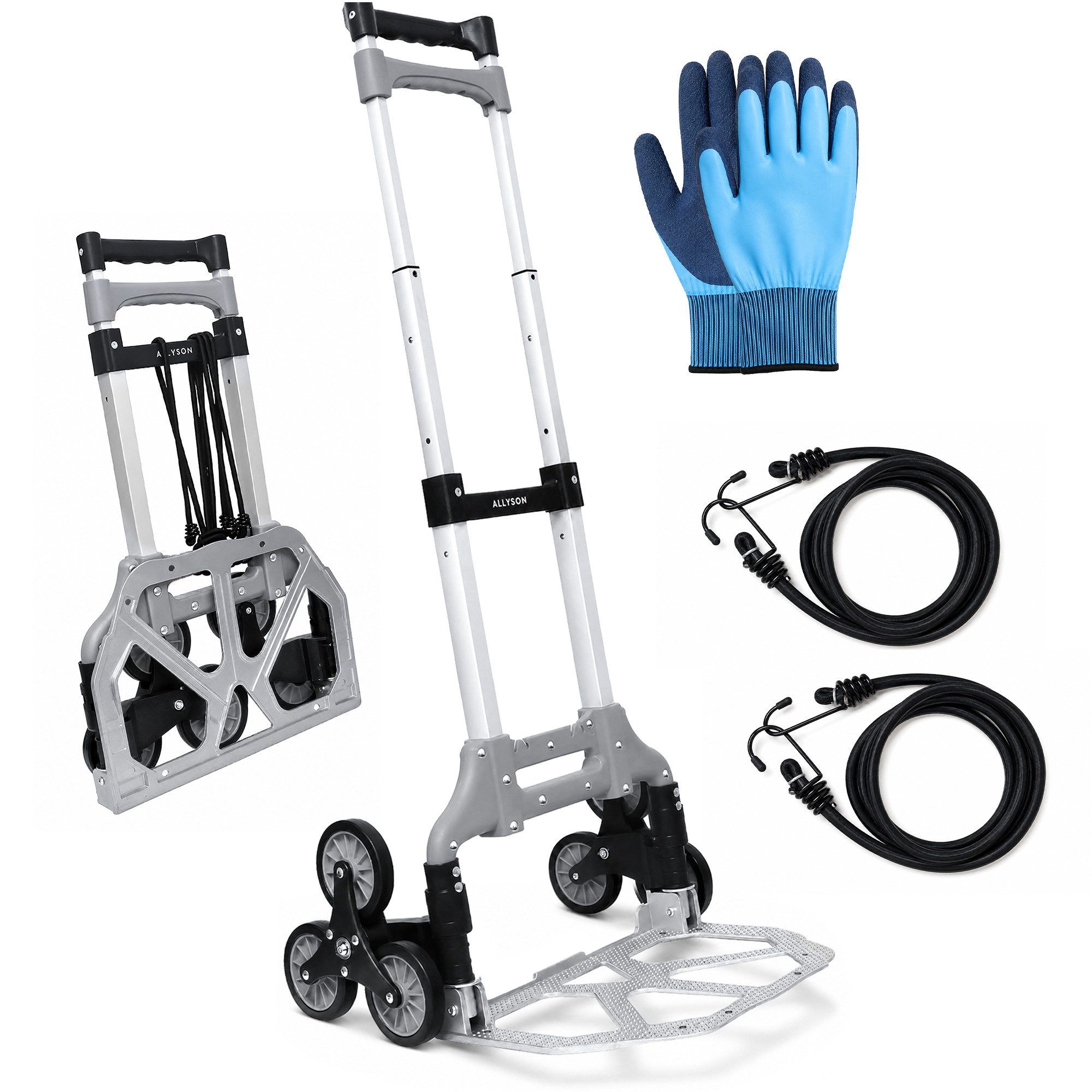 Allyson Treppensackkarre Sackkarre Treppensteiger, Transportwagen Sackkarre klappbar, (2x Elastische Spanngurte, 1 Paar Arbeitshandschuhe), Treppenkarre: 80kg Tragkraft, faltbar, inkl. Spanngurten & Handschuhen