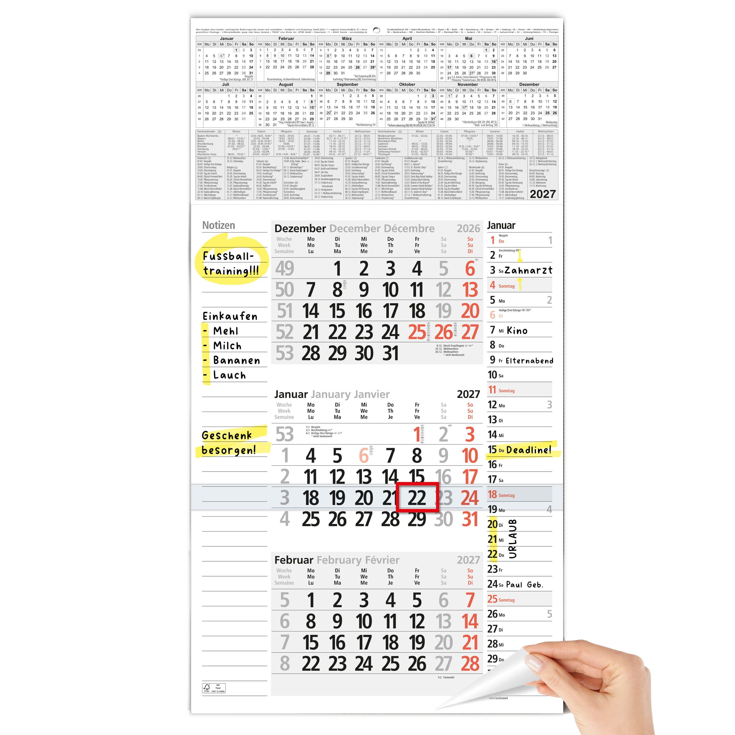 TOBJA Wandkalender 3 Monatskalender 2027 mit Notizfeld & Tagesliste 30x56 cm FSC, Notizfeld, Tagesliste, Datumsschieber, Schulferien DE+AT, FSC