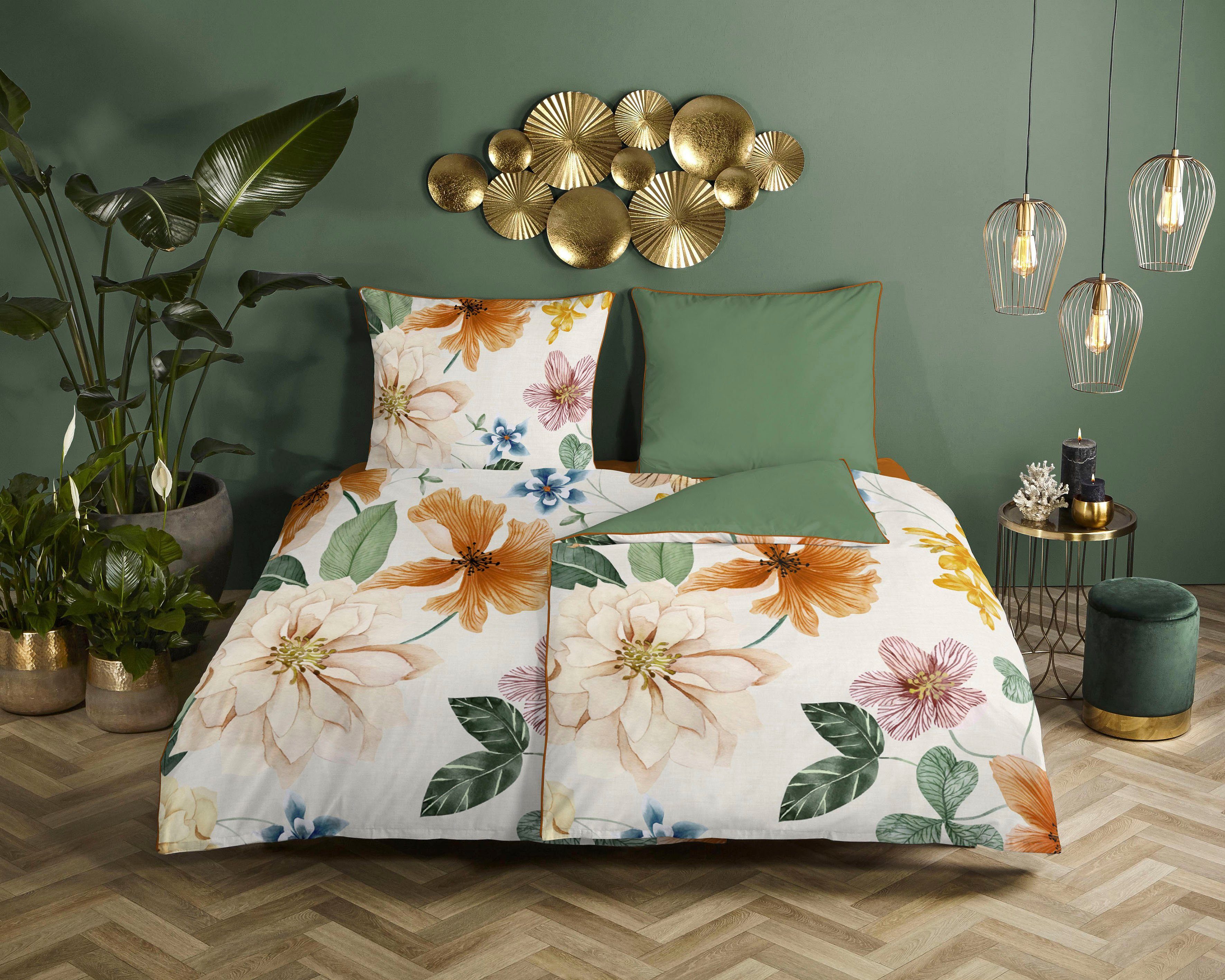 Descanso Wendebettwäsche Annabelle, Satin (Bio-Baumwolle), 2 teilig, Baumwolle, Satin, 135x200, Biese, Reißverschluss, Wendeoptik, Blumen