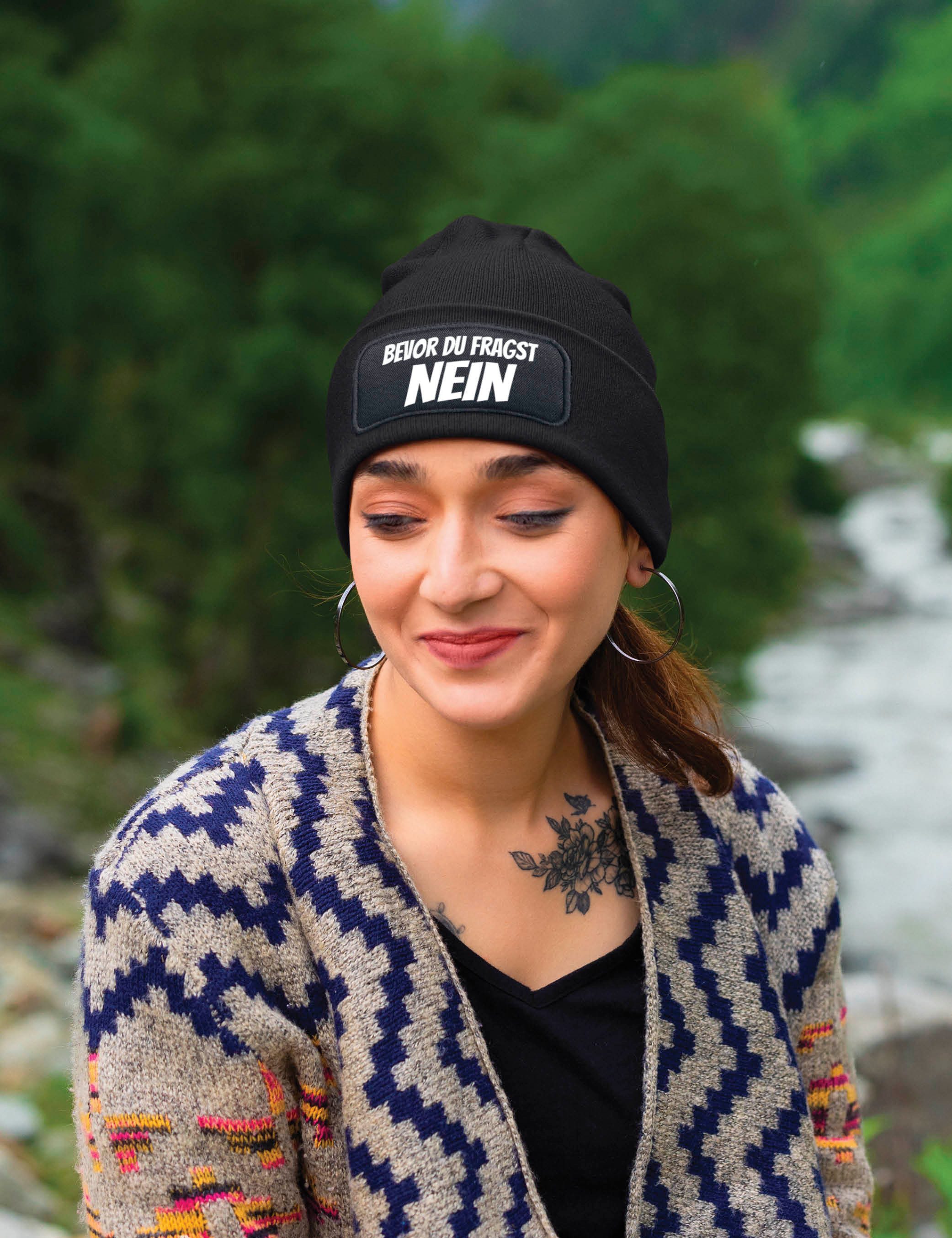Youth Designz Beanie Herren & Damen unisex Mütze "Bevor Du Fragst NEIN" Print Statement Beanie mit lustigen Aufdruck Geschenk für Männer und Frauen