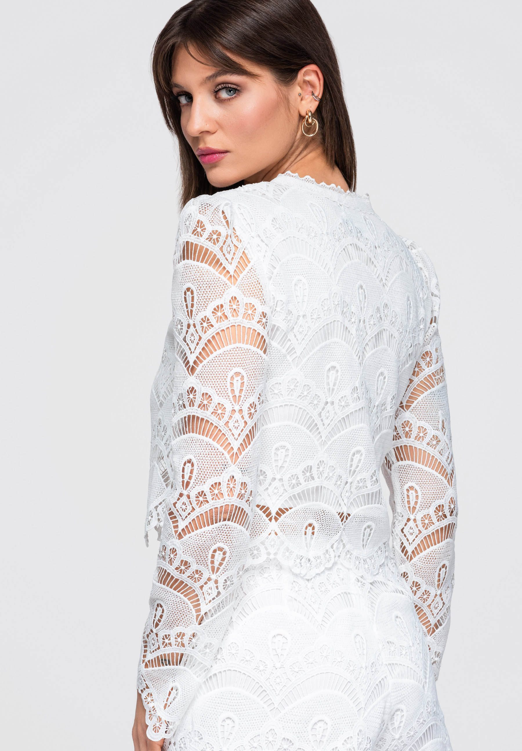 OMBRE Hemdbluse Damen Bluse mit dekorativer Spitze im romantischen Stil Weiß M (kein Set, 1-tlg)
