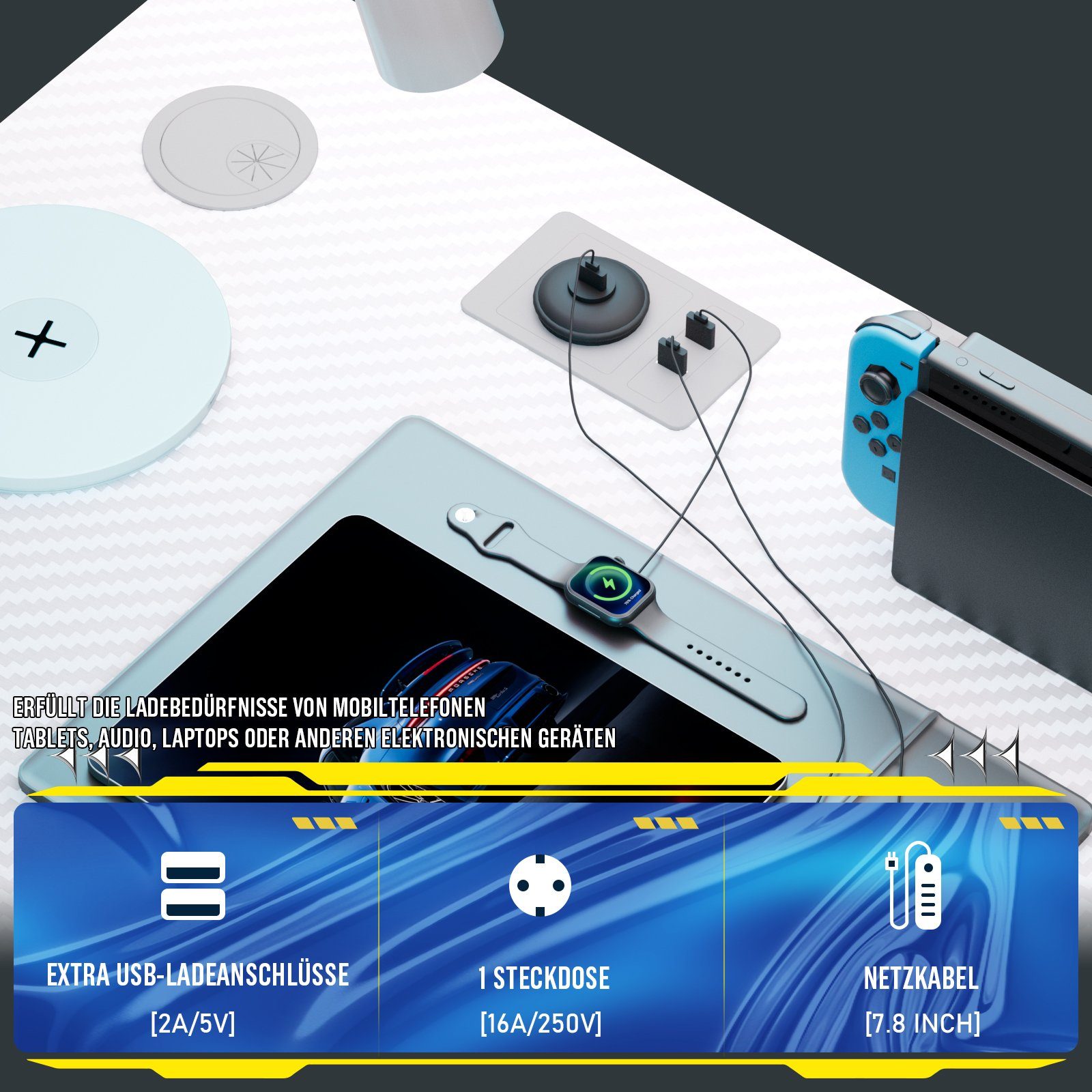GTPLAYER Schreibtisch Gaming Tisch Eckschreibtisch mit Regal USB-Ladeanschluss und Steckdose (1 Tisch), 120/100cm Computertisch L Form, PC Tisch für Büro, Heimb – Bild 3 von 5