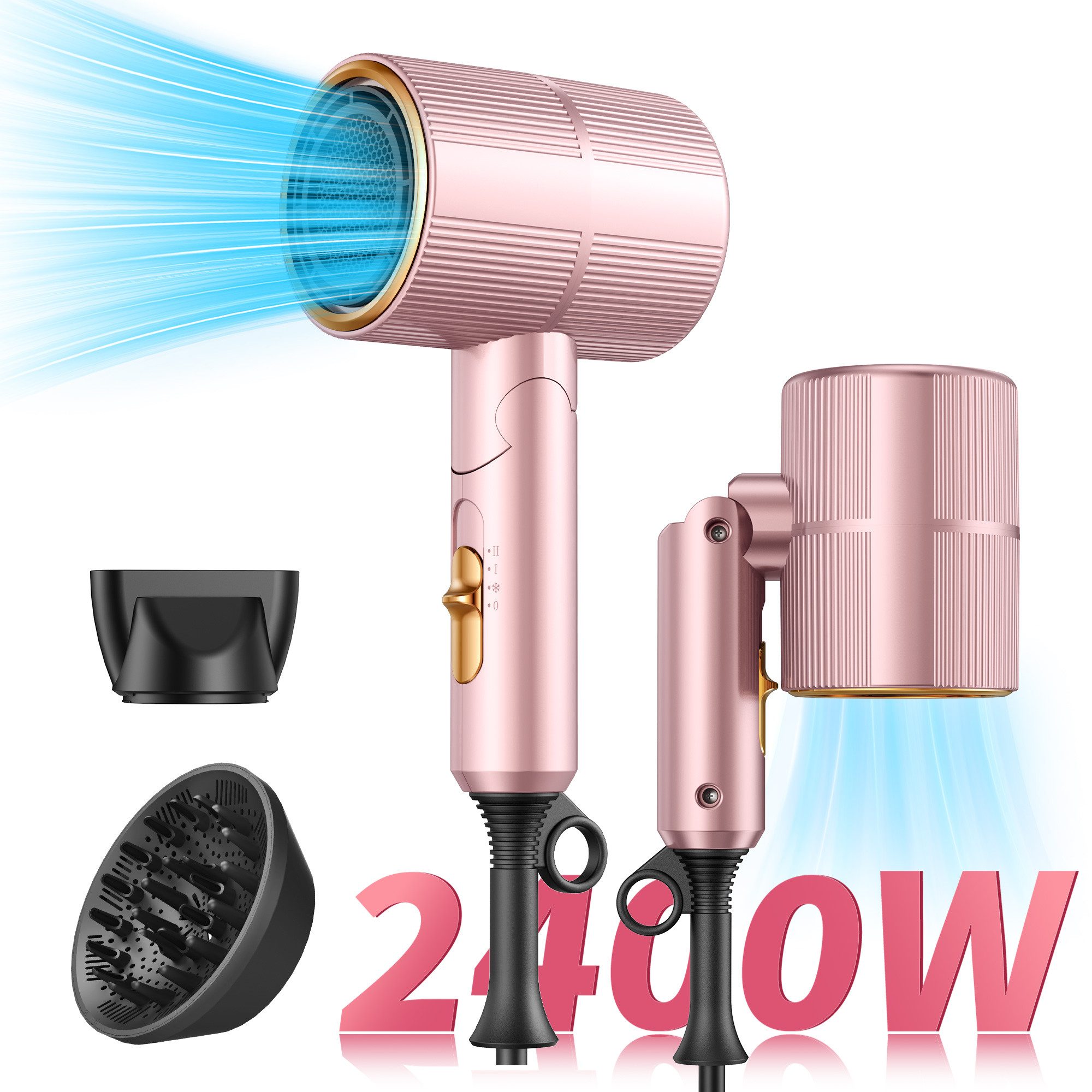 Fyrove Haartrockner Haartrockner Föhn,2026 Haartrockner Ionen mit Diffusor, 2400 W, Konzentrator-Düse, 2400 W, Turbo-Ultra-Leise-Motor, föhn 4-in-1, 4, Heiz&2 Geschwindigkeitsstufen, mit Schnelle Aufheizung