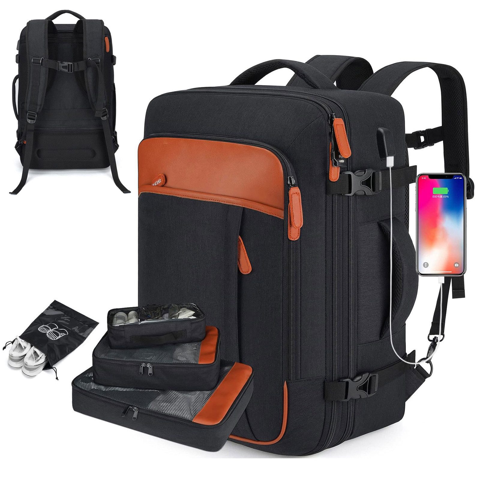 OKWISH Reiserucksack Laptoprucksack Freizeitrucksack Handgepäcktasche (mit 4 Aufbewahrungstaschen Reisen Multifunktion Tasche, Anti-Diebstahl, Schultergurten, mit Laptopfach, wasserdichtem Nylon), für Herren Damen Jungen Teenager Arbeit Business Unterwegs
