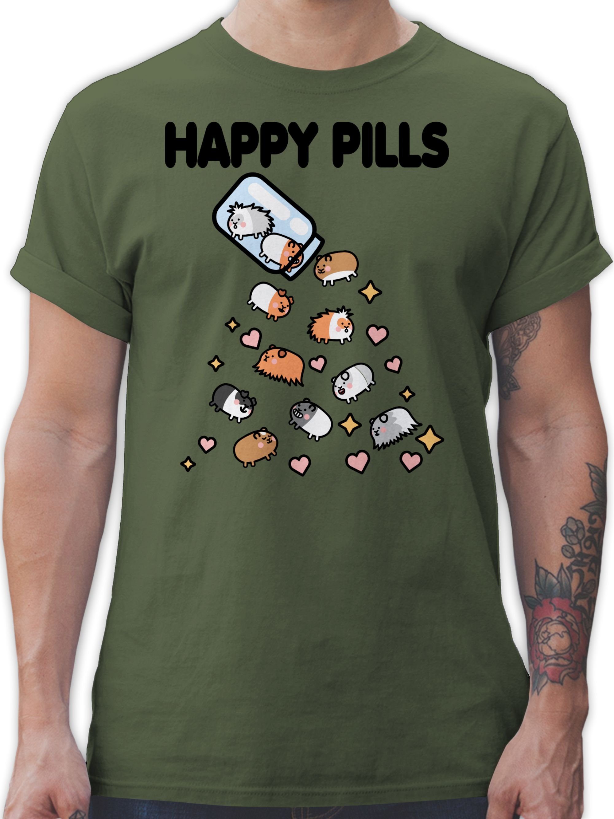 Shirtracer T-Shirt Happy Pills - Tiere Meerschweinchen 2 Zubehör Grün Army Mrerschwein