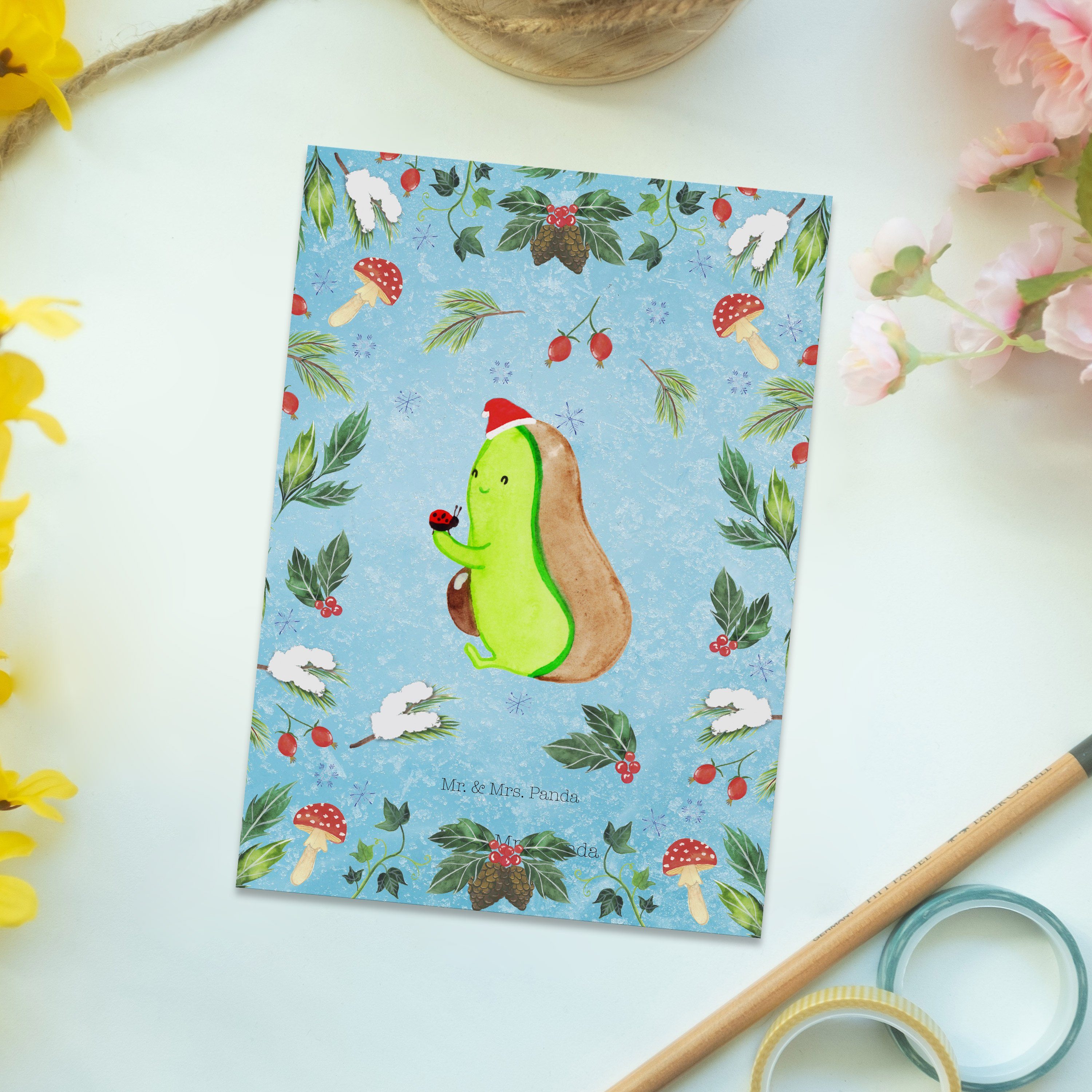 Dankeskarte, kleine Panda Mr. & Weihna Avocado - Mrs. Eisblau Karte, Geschenk, - Postkarte Dinge