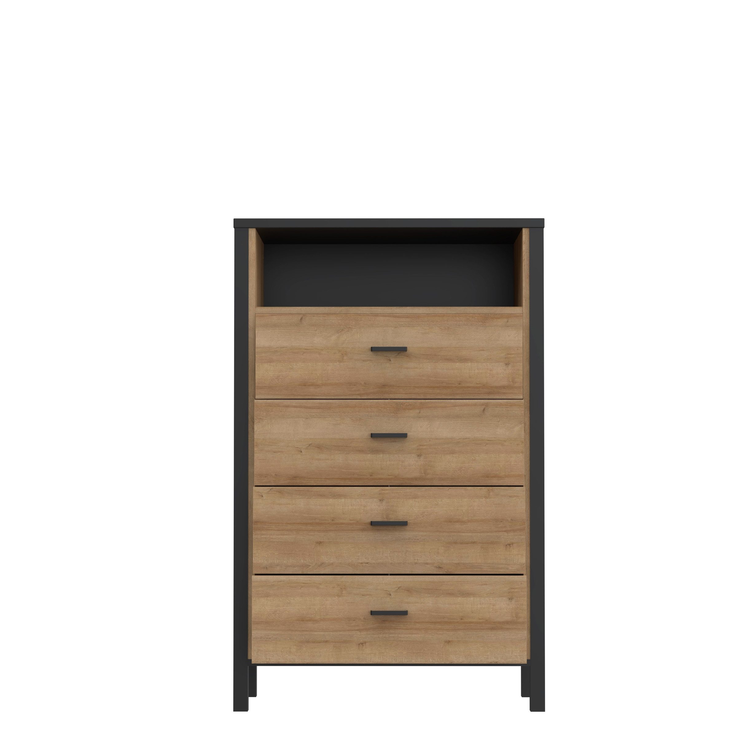 freiraum Hochkommode HIGH ROCK, Schwarz, Riviera Eiche Dekor, 4 Schubladen - 69,8x110,7x40,2cm (BxHxT)