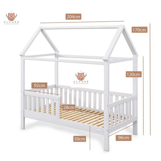 ALCUBE Hausbett, Kinderbett 90x200 cm inkl. Lattenrost und Rausfallschutz