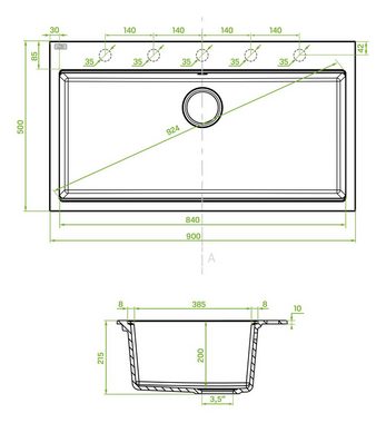 KOLMAN Küchenspüle Einzelbecken Tau Granitspüle, Rechteckig, 50/90 cm, Grau, Space Saving Siphon GRATIS