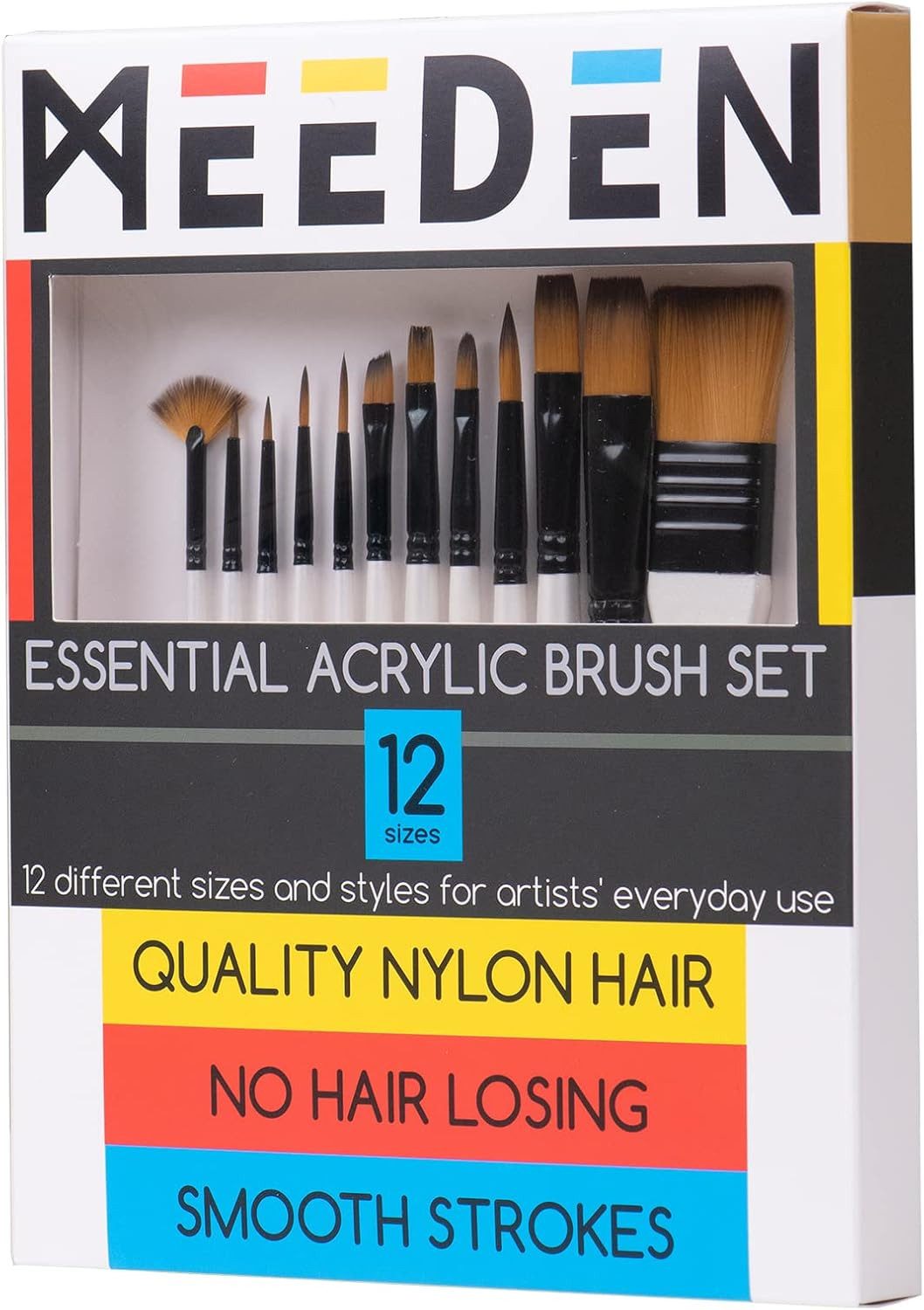 MEEDEN Malpinsel Pinselset 12-teilig Nylon für Acryl Öl Aquarell Gouache mit Holzgriff, 12 Größen, Nylonborsten, Aluzwingen, mehrschichtige Holzgriffe