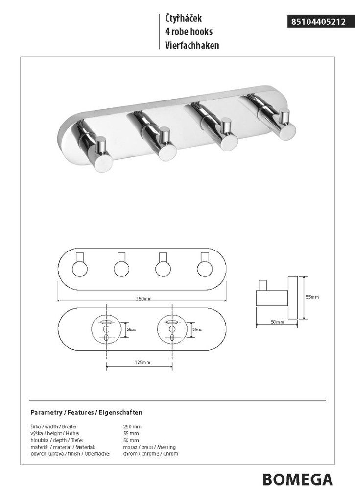 BRILLANTBAD® Hakenleiste BOMEGA Vierfachhaken Messing Chrom poliert Bad Küche > Bohren / Kleben