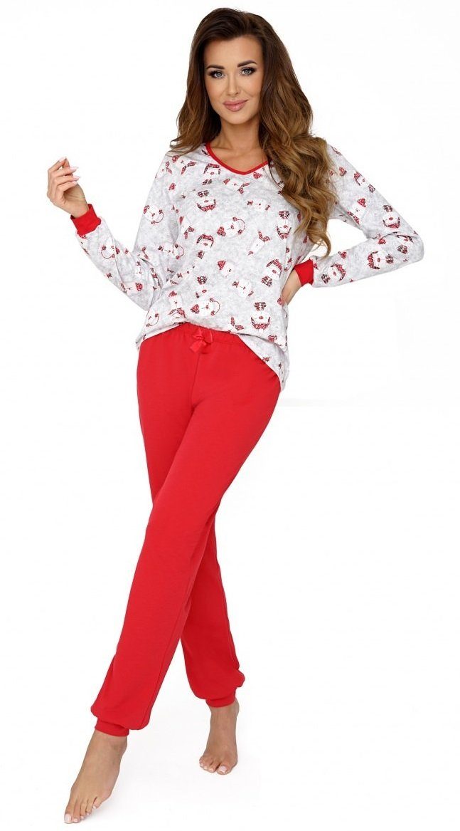 Donna Schlafanzug Damen-Pyjama, langarm und lange Hose, mit süßem  Teddybär-Motiv