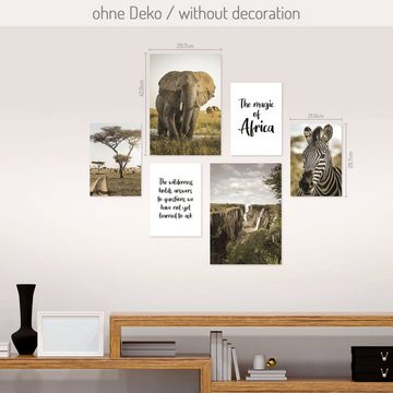 Kreative Feder Poster, Natur, Landschaft, Afrika, Safari, Savanne, Zebra, Elefant, Reisen (Set, 6 St), 6-teiliges Poster-Set, Kunstdruck, Wandbild, Posterwand, Bilderwand, optional mit Rahmen, WP537