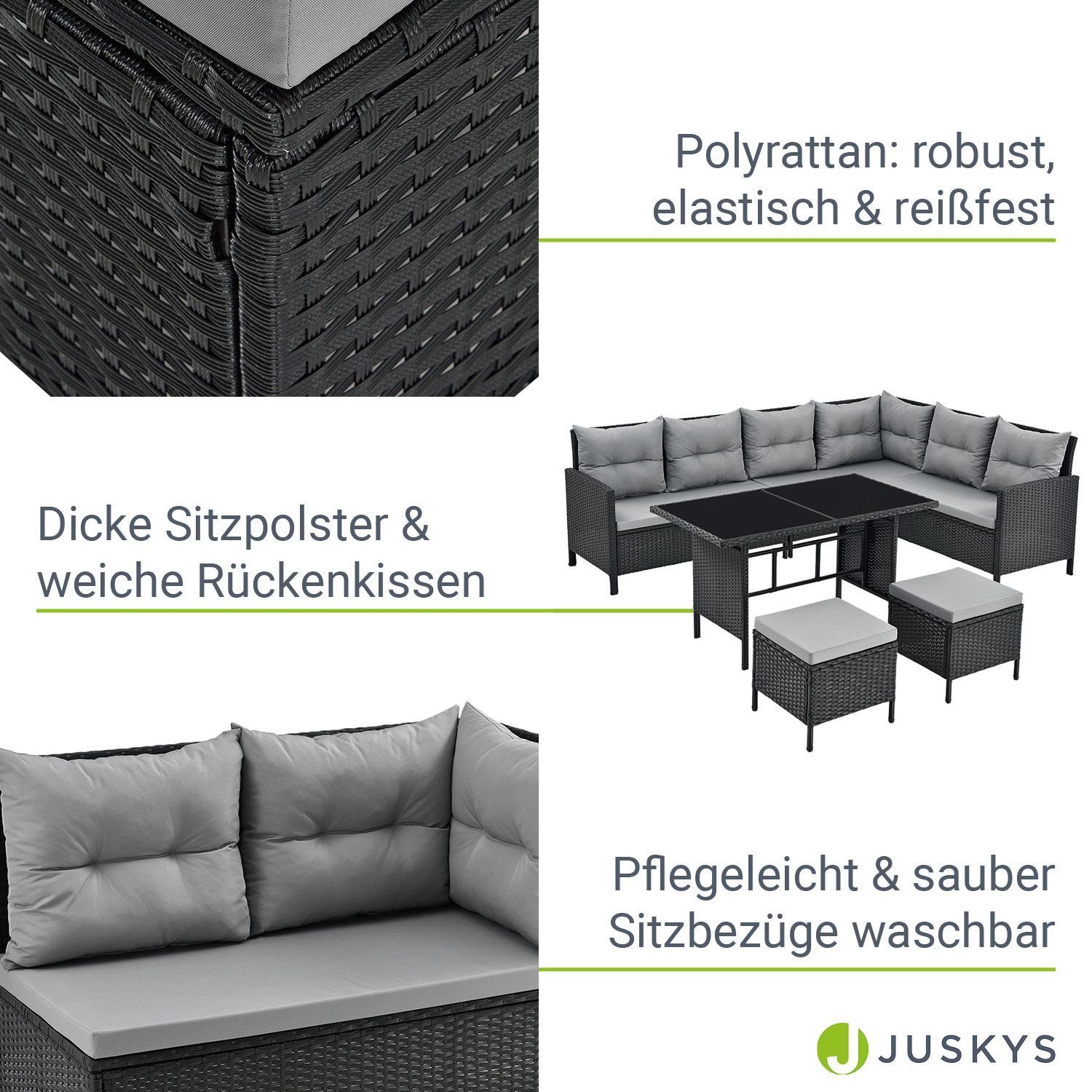 Garten-Sofa, Gartenlounge-Set und (Gartenlounge), Juskys 2 Manacor, Polyrattan Hocker Gartenmöbel-Set Garten-Tisch mit