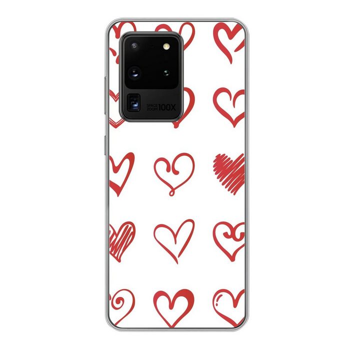 MuchoWow Handyhülle Eine Illustration mit Herzen in verschiedenen Formen Phone Case Handyhülle Samsung Galaxy S20 Ultra Silikon Schutzhülle