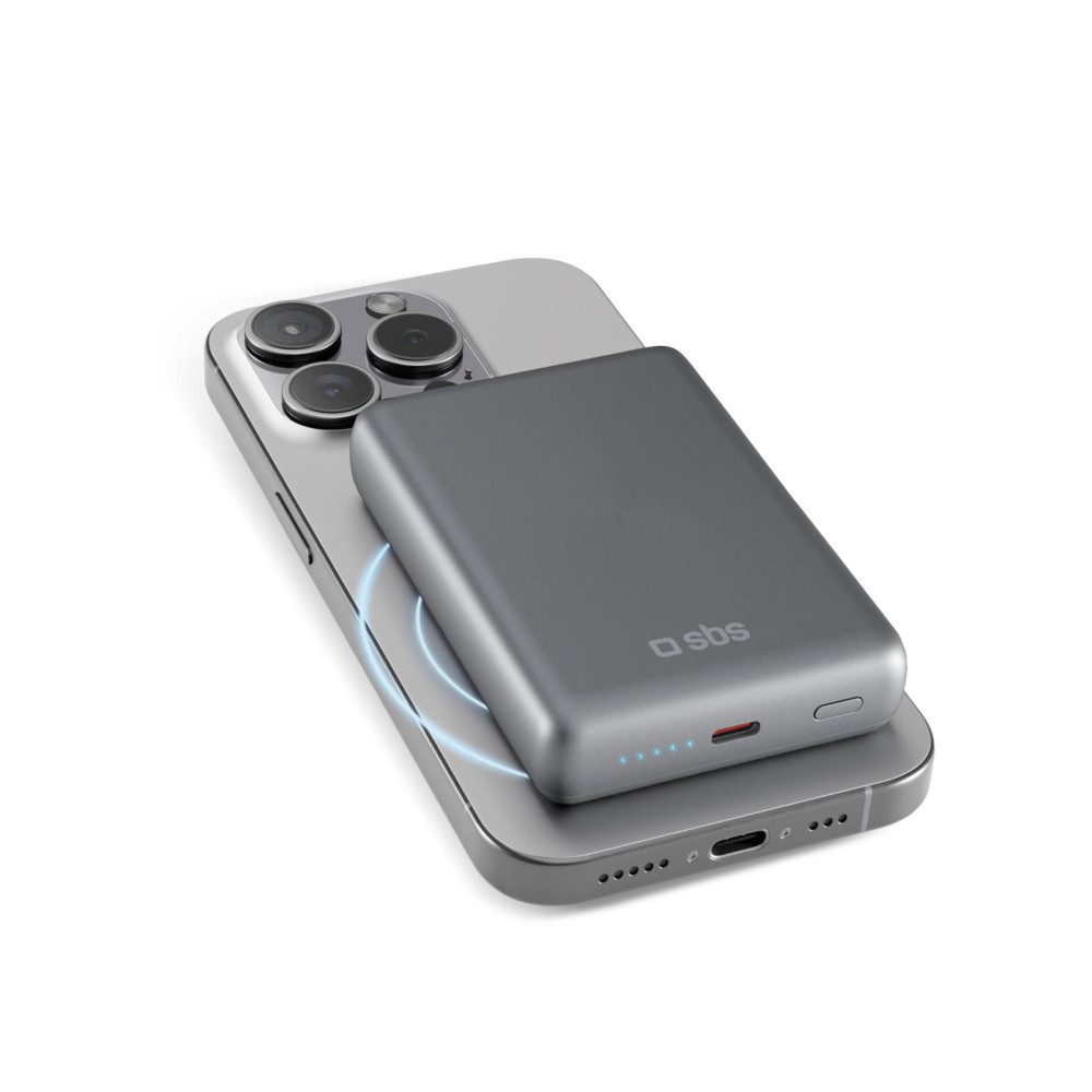 sbs Powerbank 10.000 mAh kompatibel mit MagSafe, Grau Solar Powerbank