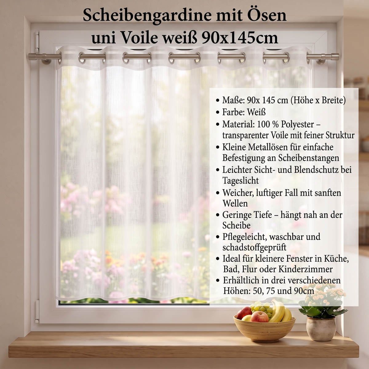 SCHÖNER LEBEN. Scheibengardine Scheibengardine Meterware mit Ösen uni Voile weiß 90x145cm (HxB), Ösen, leicht perforiert, Voile