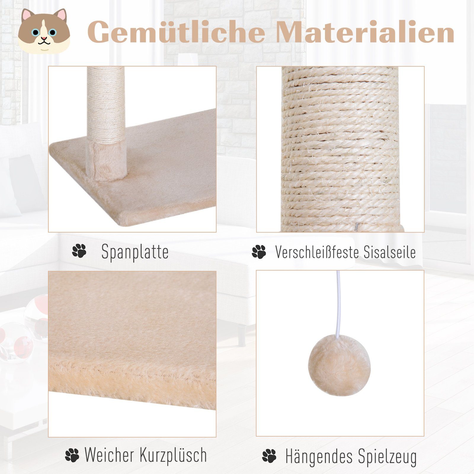 PawHut Kratzbaum Kletterbaum Katzenbaum Kratzbaum mit Sisalsäule Plüsch-Hängematte, Spanplatte, Beige, 50 x 36 x 70 cm